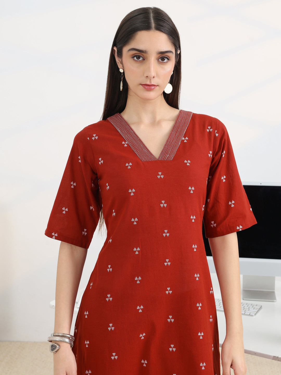  Red Woven Design Cotton Blend A-Line Kurta Set 