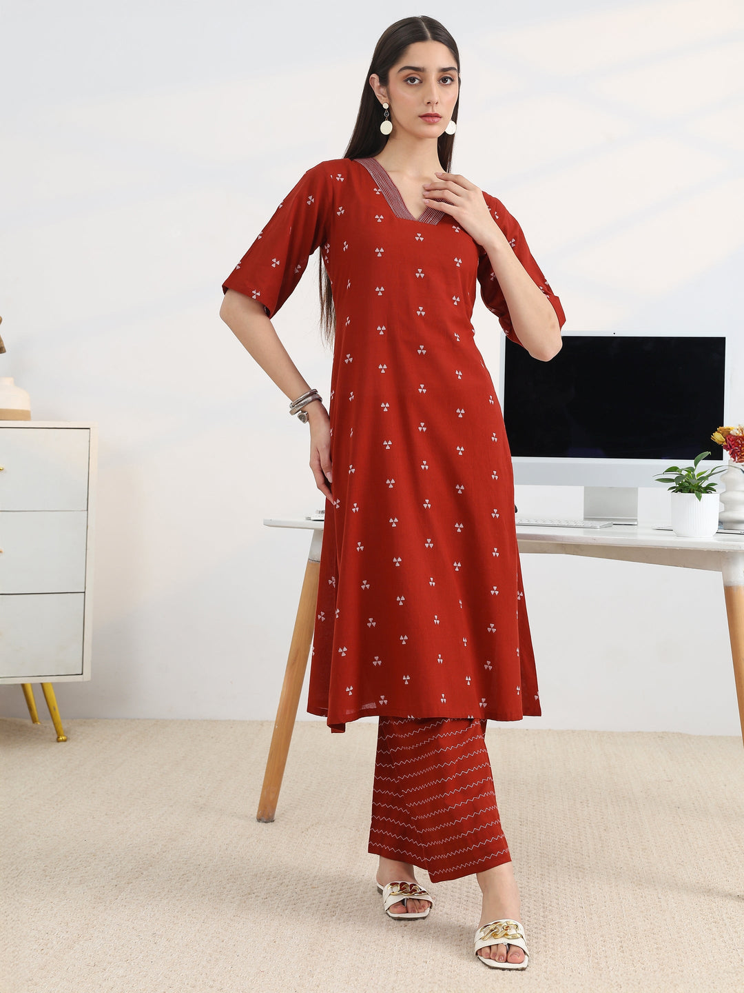  Red Woven Design Cotton Blend A-Line Kurta Set 