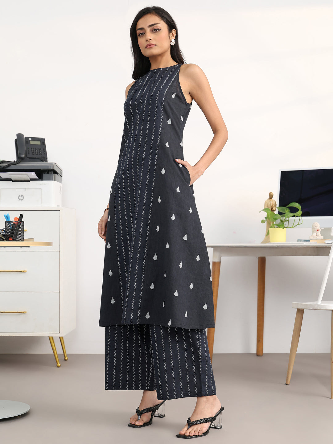  Black Striped Woven Design Cotton Blend A-Line Kurta Set 