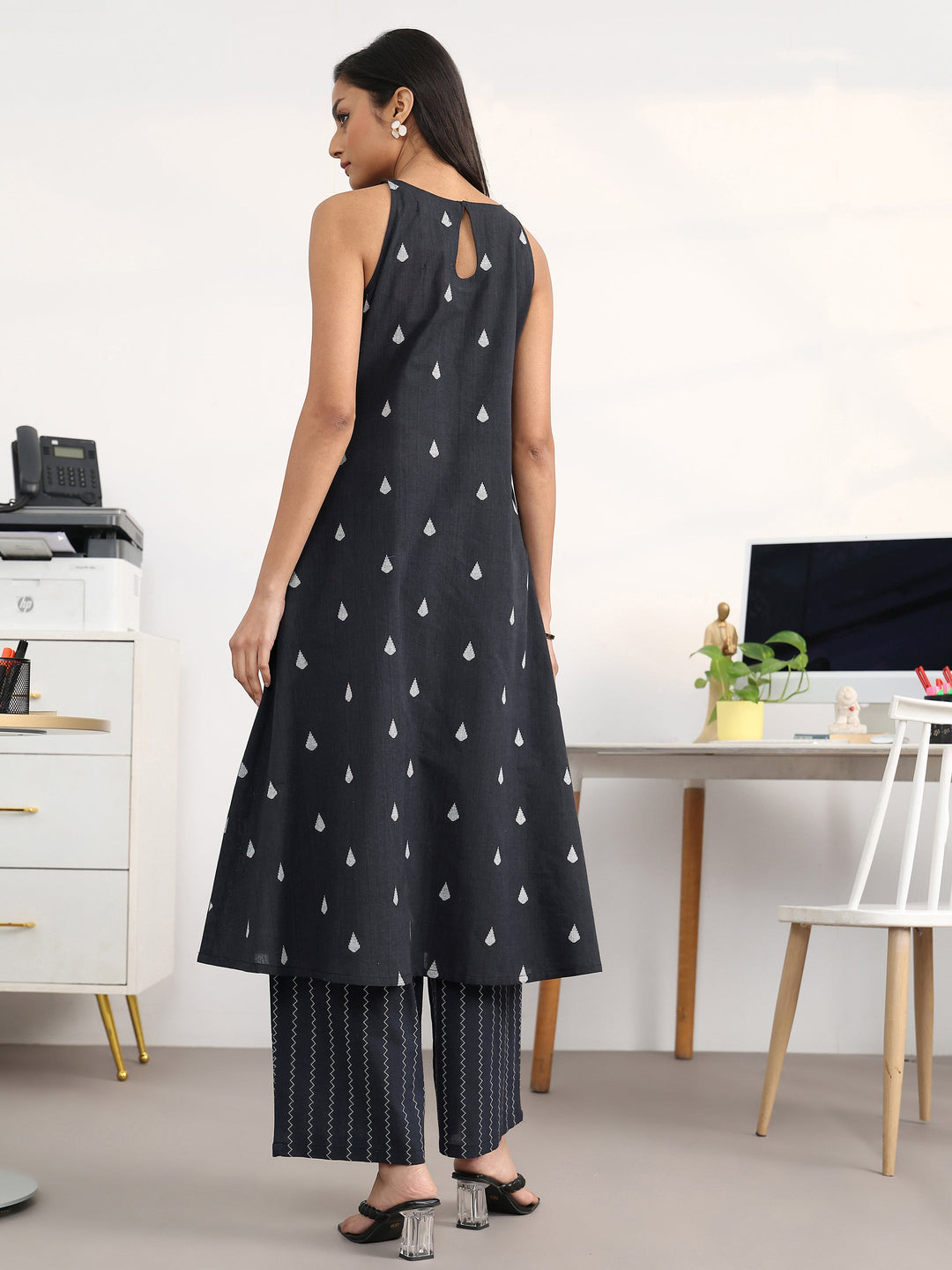  Black Striped Woven Design Cotton Blend A-Line Kurta Set 