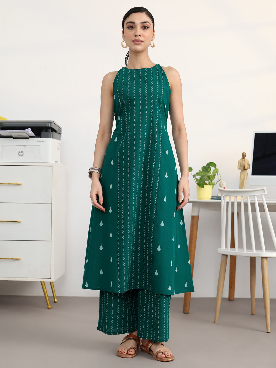  Teal Striped Woven Design Cotton Blend A-Line Kurta Set 