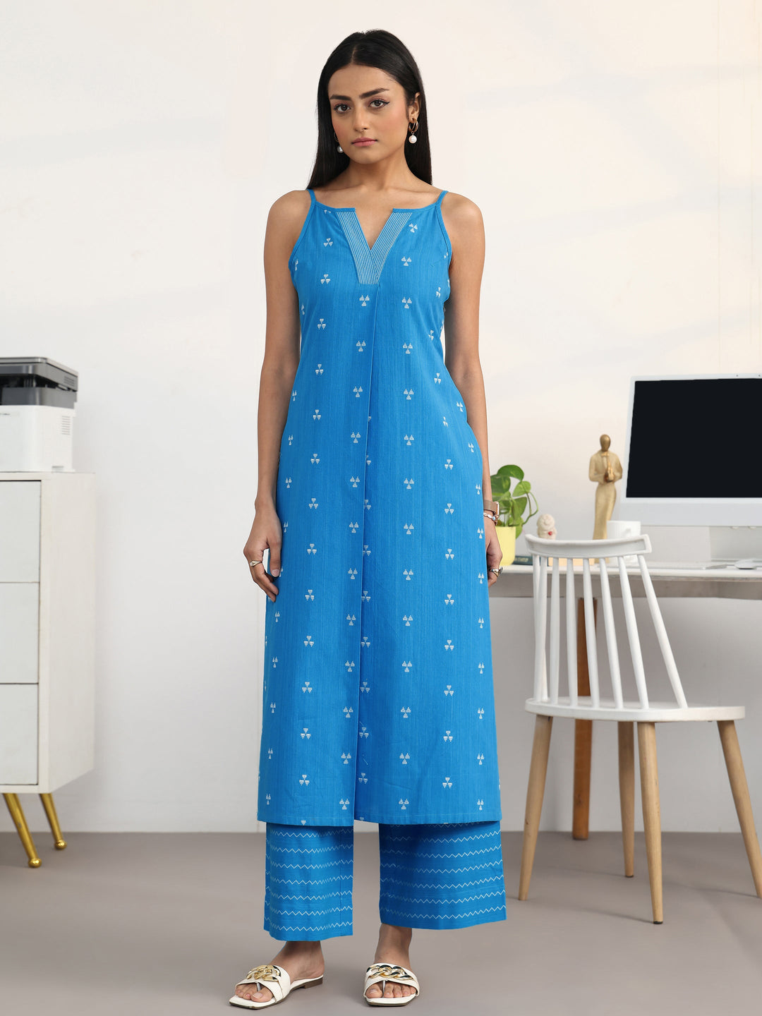  Blue Ethnic Motifs Woven Design Cotton Blend A-Line Kurta Set 