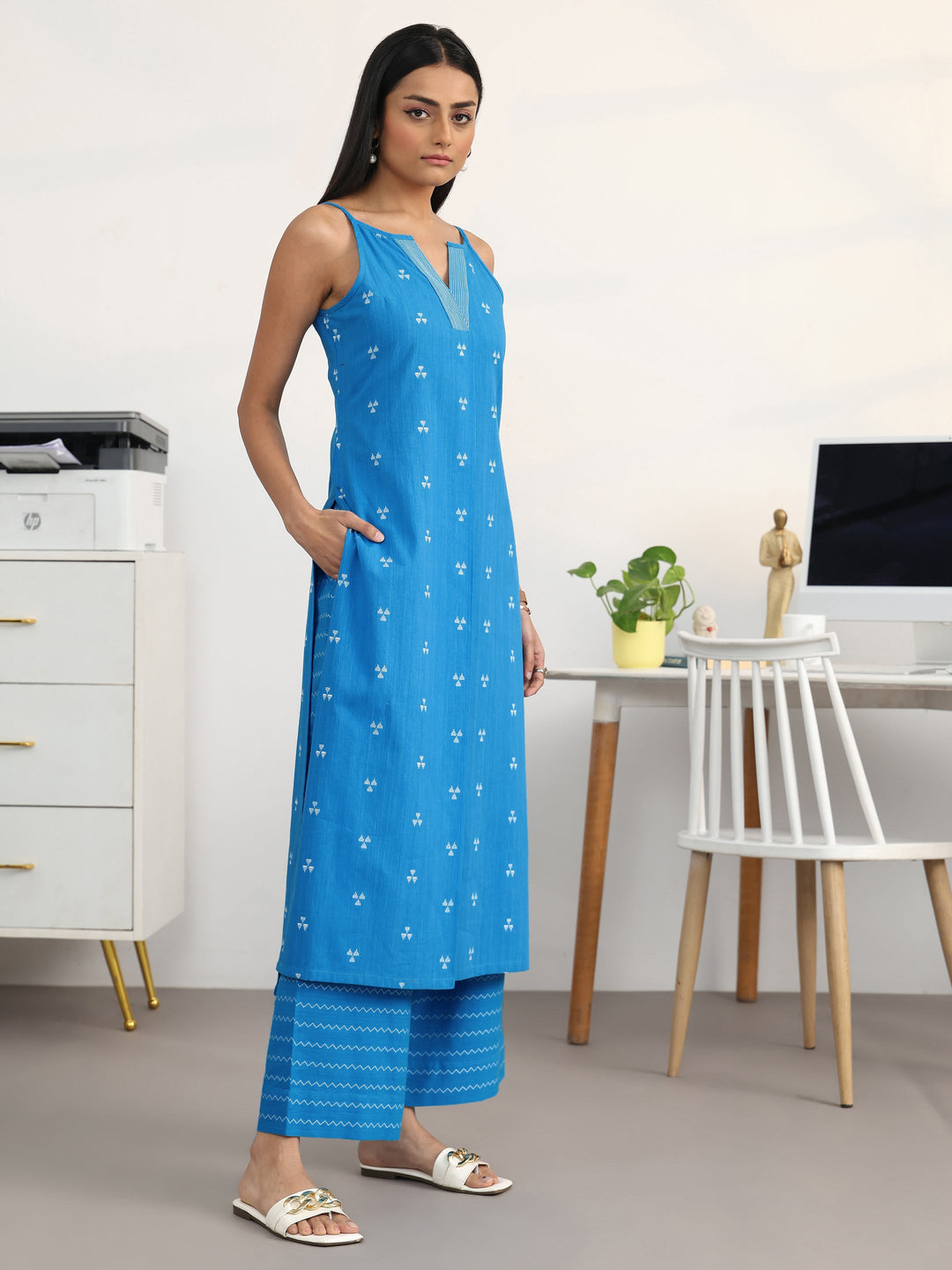  Blue Ethnic Motifs Woven Design Cotton Blend A-Line Kurta Set 