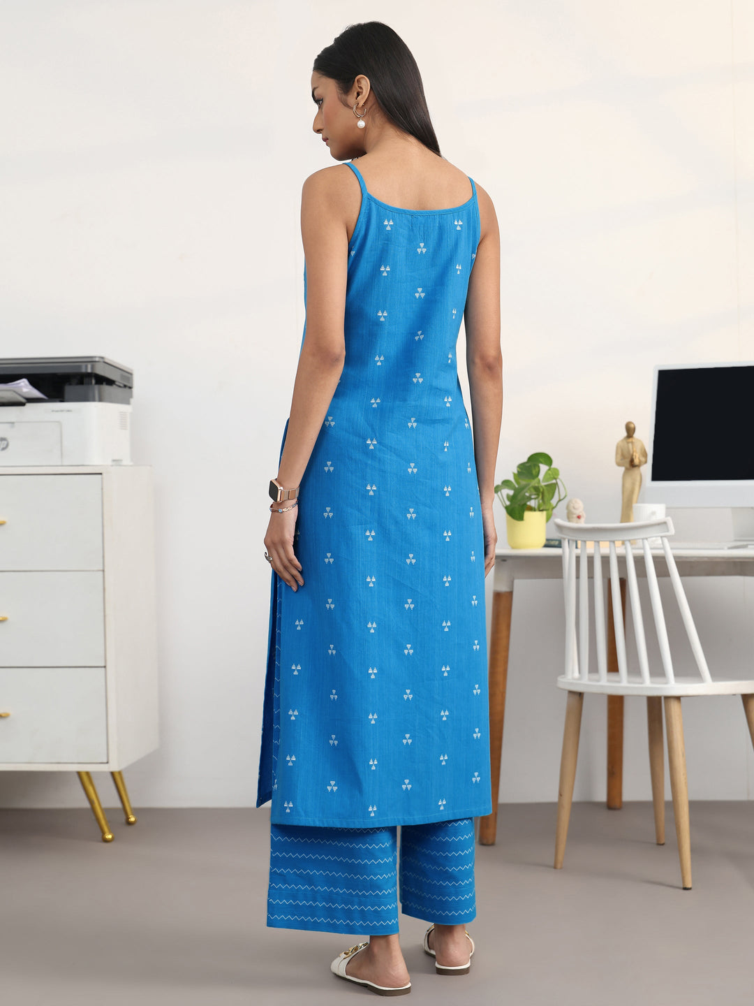  Blue Ethnic Motifs Woven Design Cotton Blend A-Line Kurta Set 
