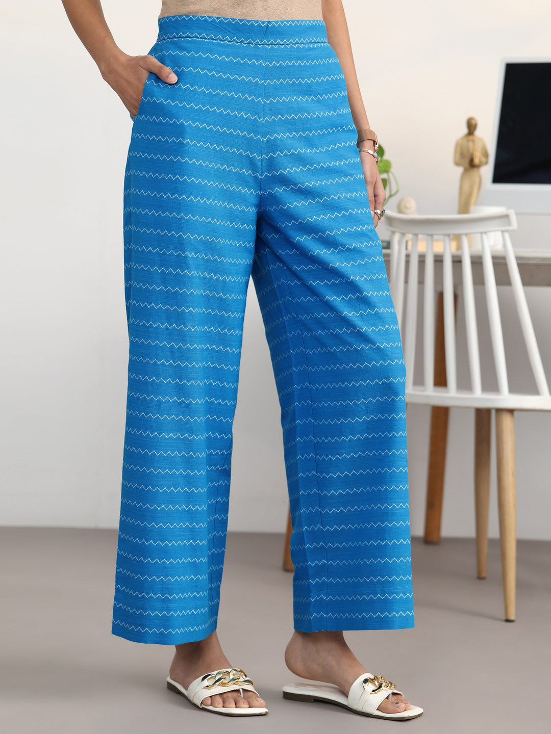  Blue Ethnic Motifs Woven Design Cotton Blend A-Line Kurta Set 