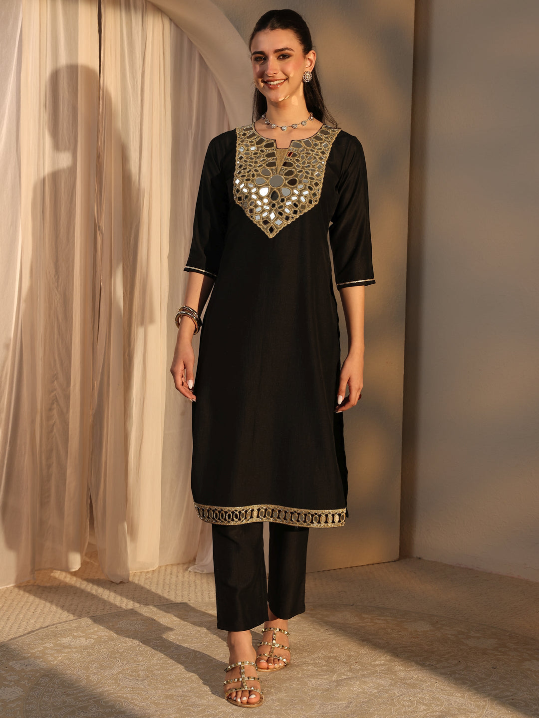  Black Mirror Work Yoke Design Silk Blend Straight Kurta Set 