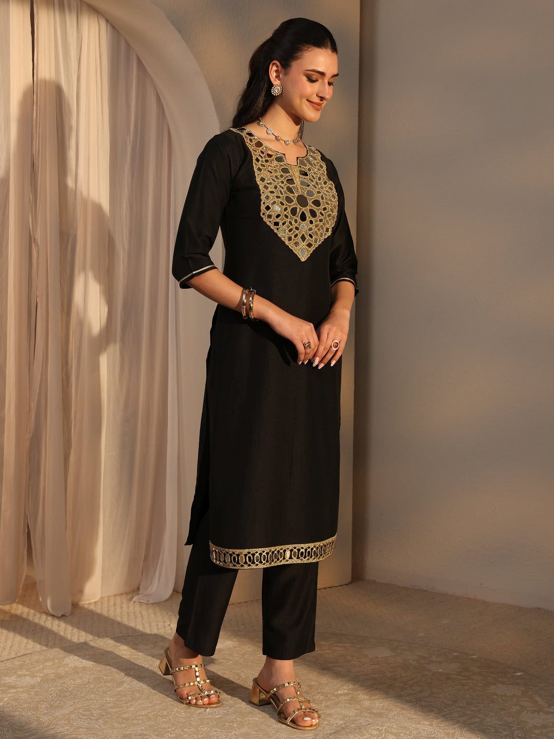  Black Mirror Work Yoke Design Silk Blend Straight Kurta Set 