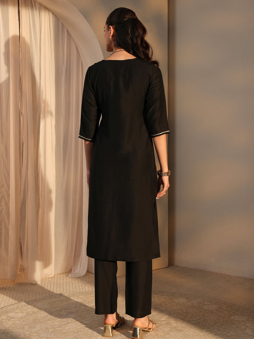  Black Mirror Work Yoke Design Silk Blend Straight Kurta Set 