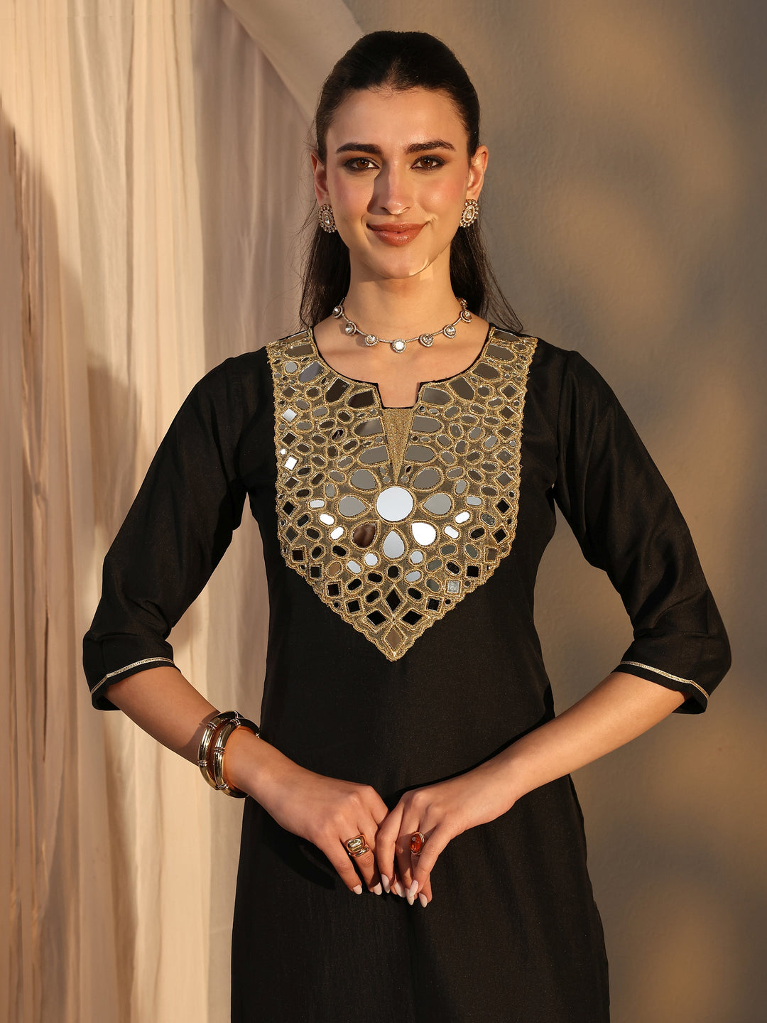  Black Mirror Work Yoke Design Silk Blend Straight Kurta Set 