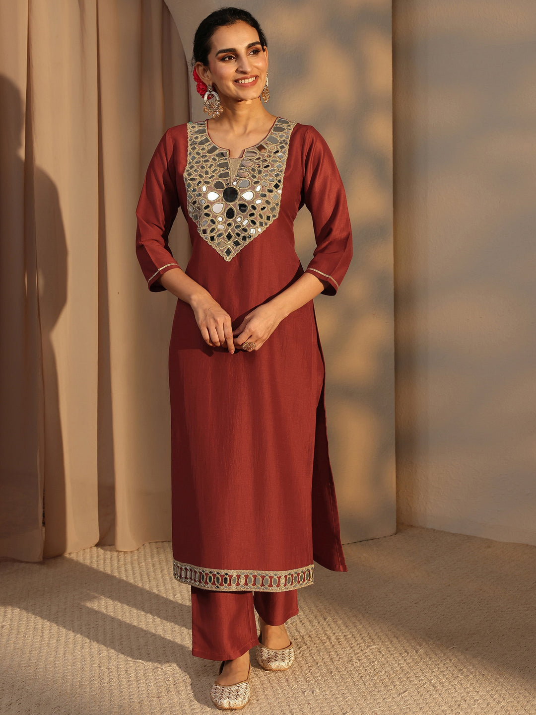  Rust Mirror Work Yoke Design Silk Blend Straight Kurta Set 