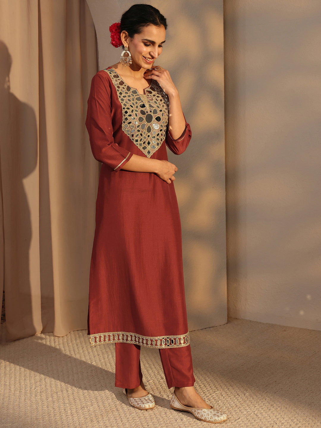  Rust Mirror Work Yoke Design Silk Blend Straight Kurta Set 