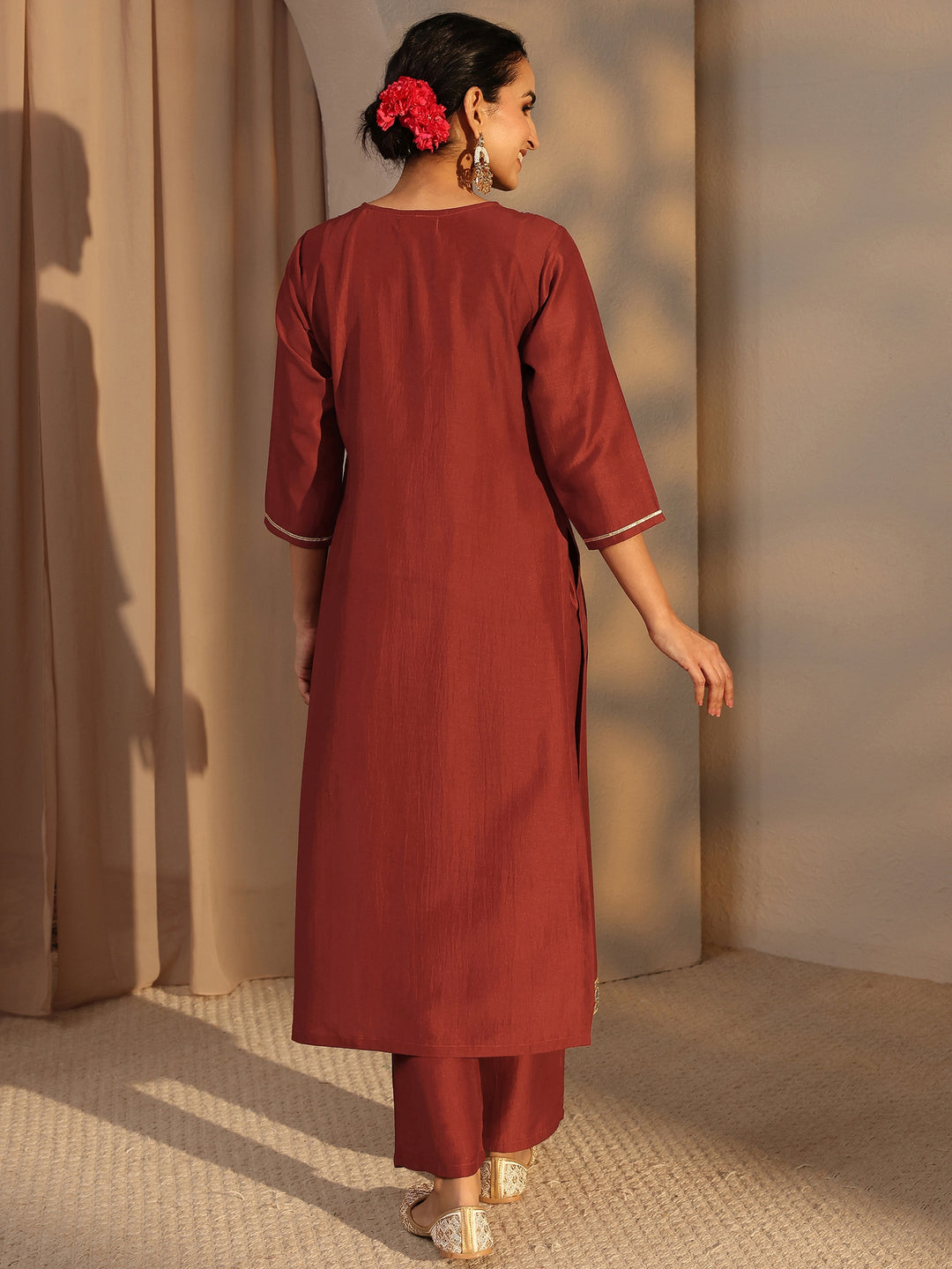  Rust Mirror Work Yoke Design Silk Blend Straight Kurta Set 