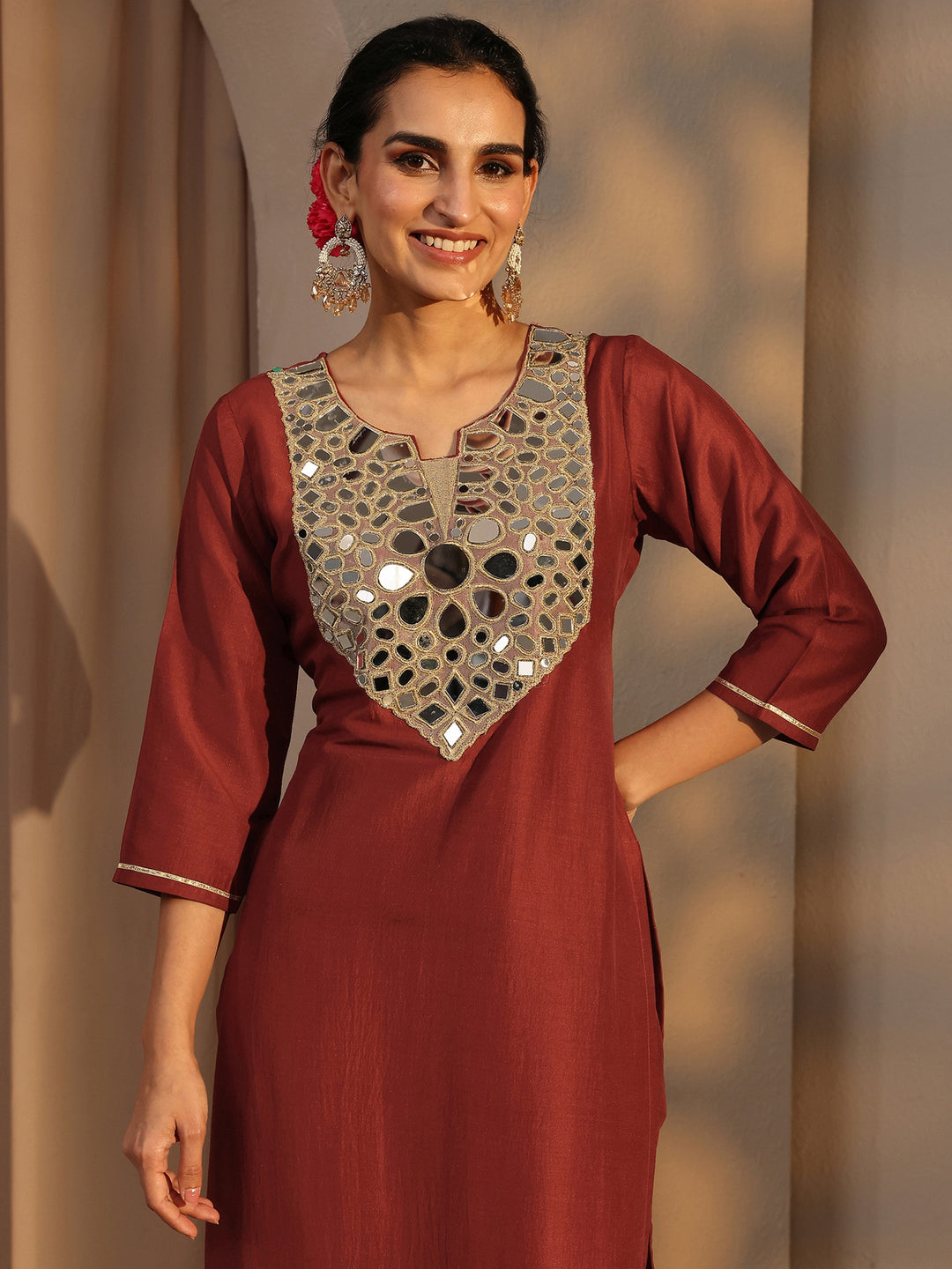  Rust Mirror Work Yoke Design Silk Blend Straight Kurta Set 