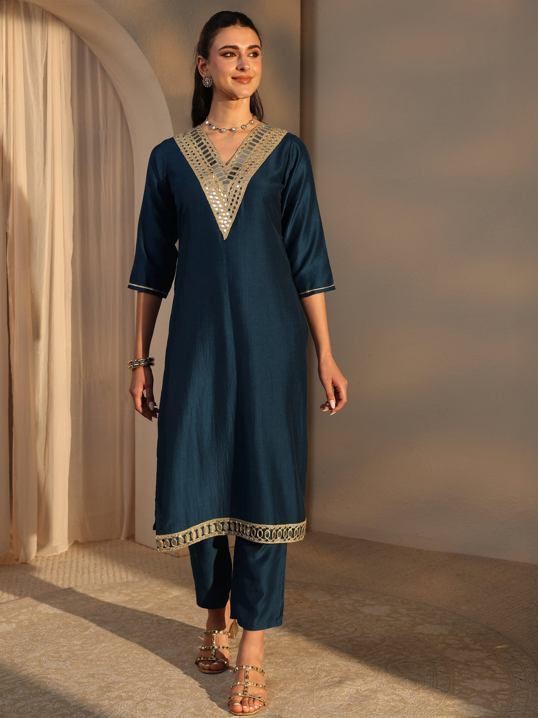  Navy Blue Mirror Work Yoke Design Silk Blend Straight Kurta Set 