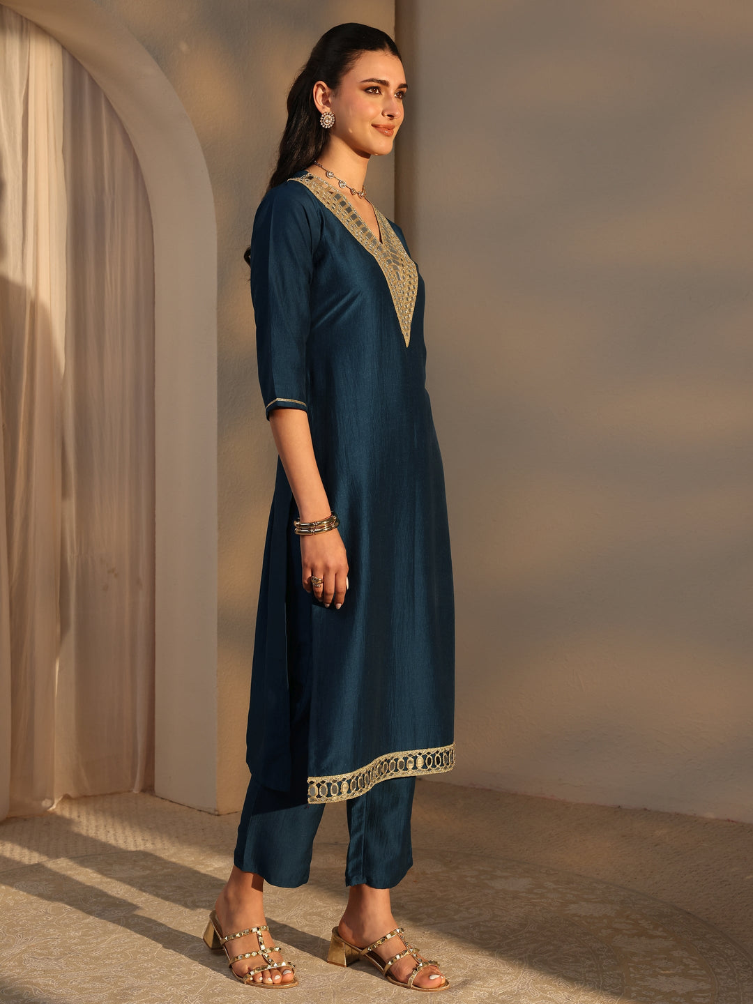  Navy Blue Mirror Work Yoke Design Silk Blend Straight Kurta Set 
