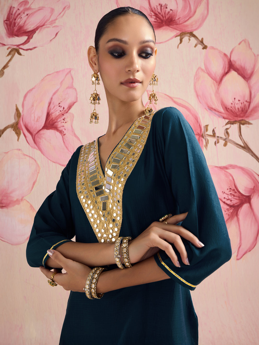  Libas Aprajita Navy Blue Mirror Work Yoke Design Silk Blend Straight Kurta Set 