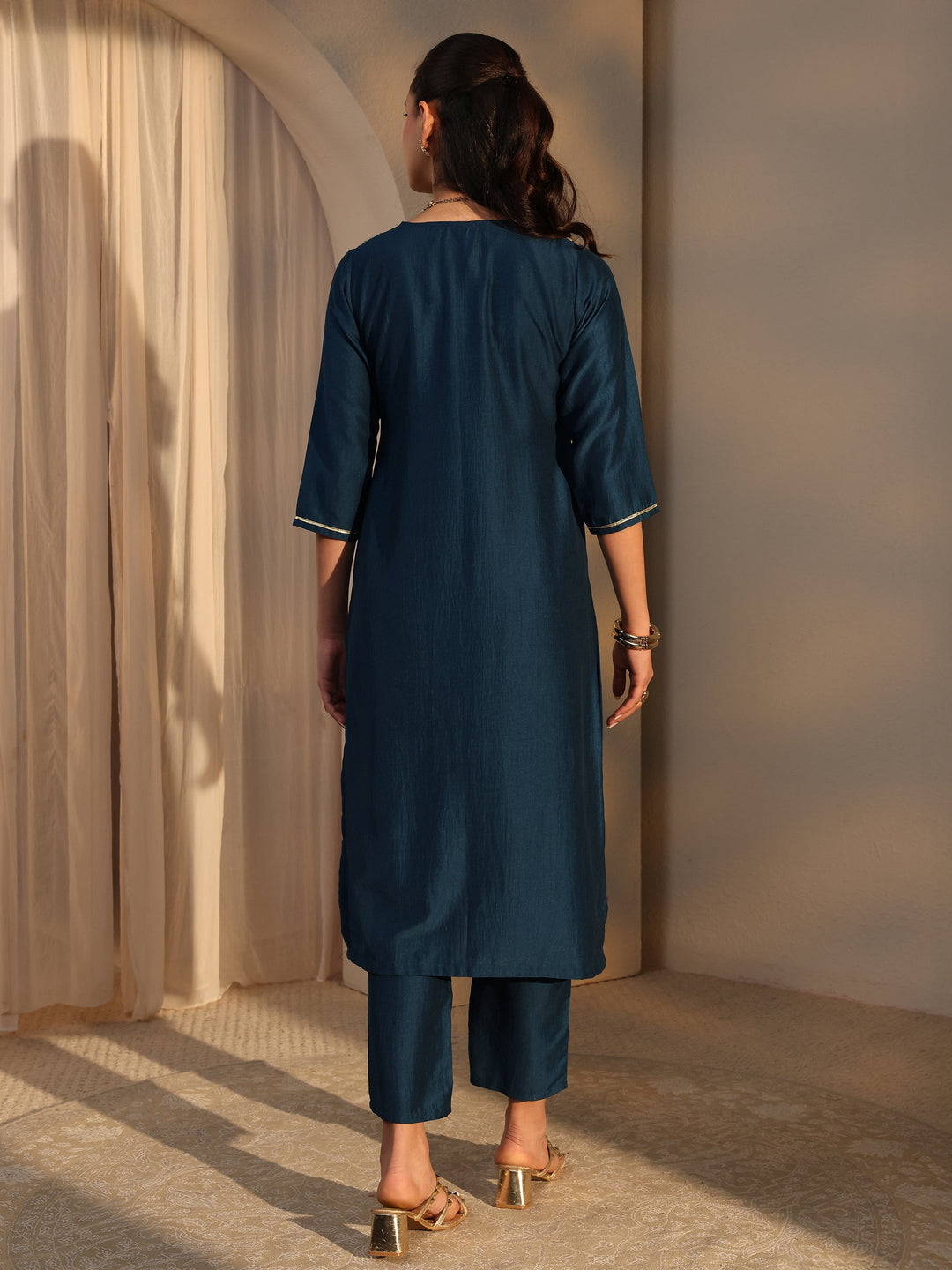  Navy Blue Mirror Work Yoke Design Silk Blend Straight Kurta Set 