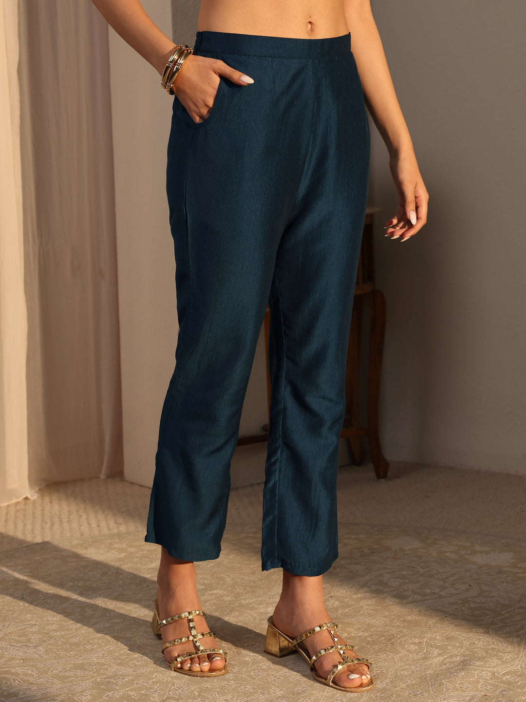 Navy Blue Mirror Work Yoke Design Silk Blend Straight Kurta Set 