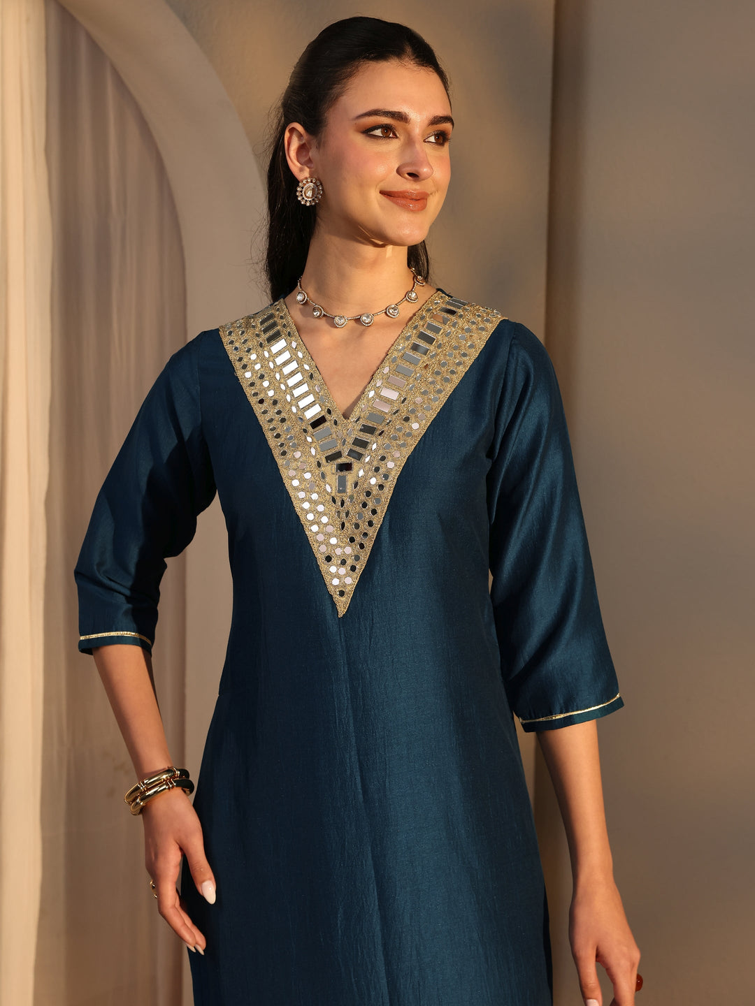  Navy Blue Mirror Work Yoke Design Silk Blend Straight Kurta Set 