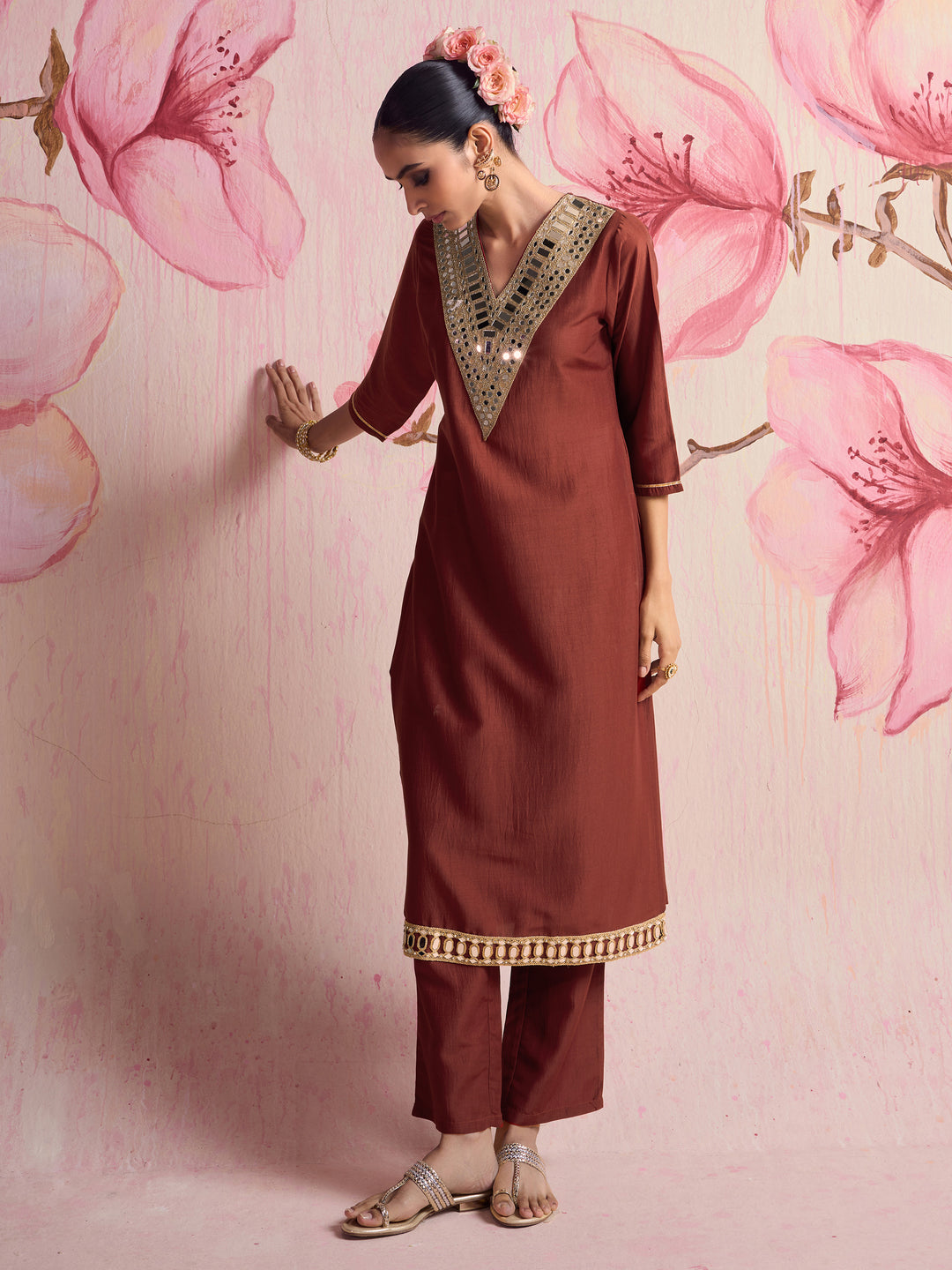 Libas Rukmini Rust Mirror Work Yoke Design Silk Blend Straight Kurta Set 