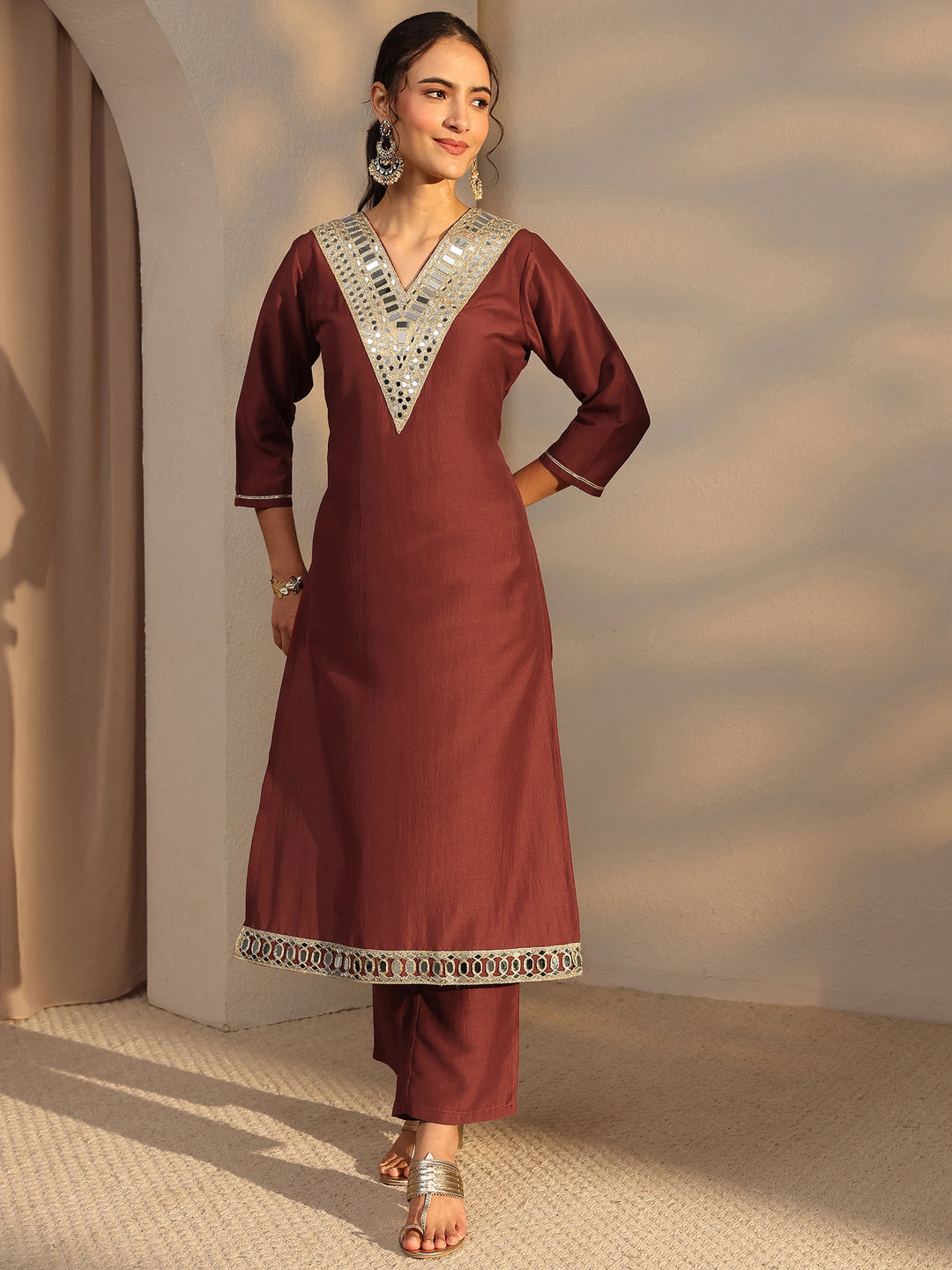  Rust Mirror Work Yoke Design Silk Blend Straight Kurta Set 