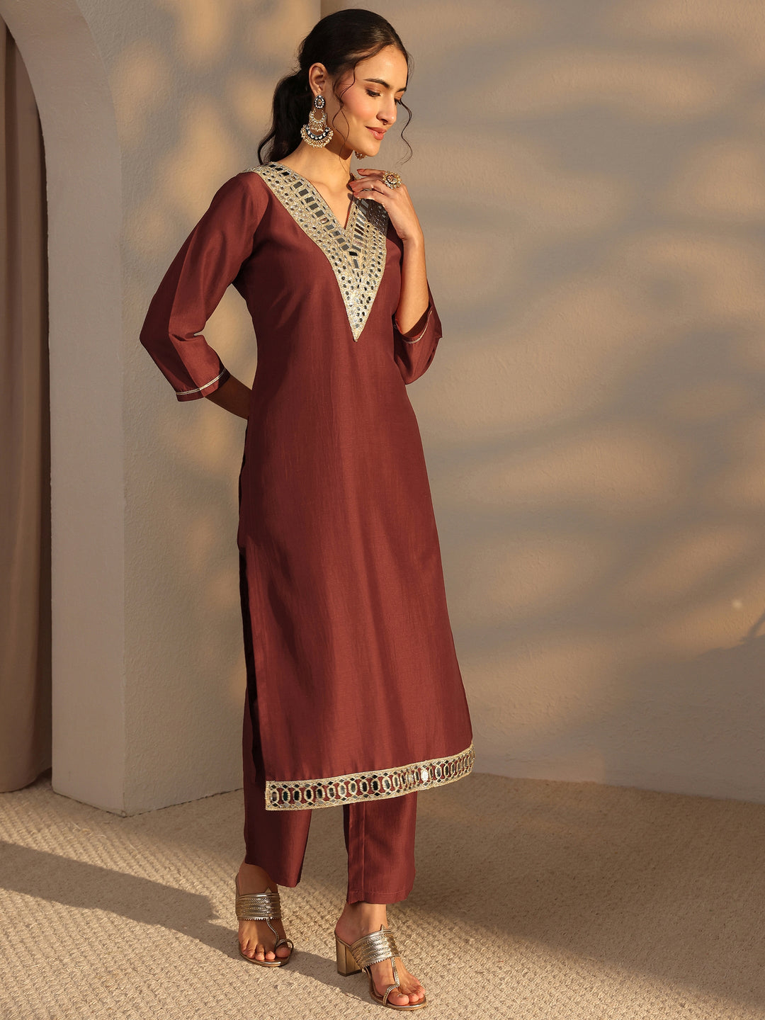  Rust Mirror Work Yoke Design Silk Blend Straight Kurta Set 