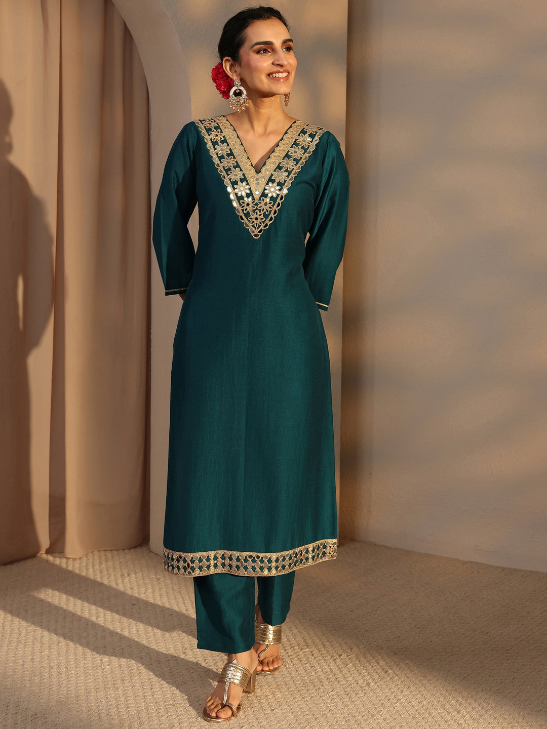  Teal Embroidered Silk Blend Straight Kurta Set 