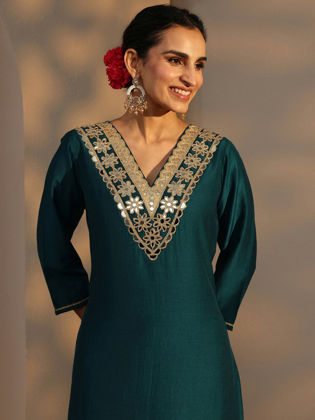  Teal Embroidered Silk Blend Straight Kurta Set 