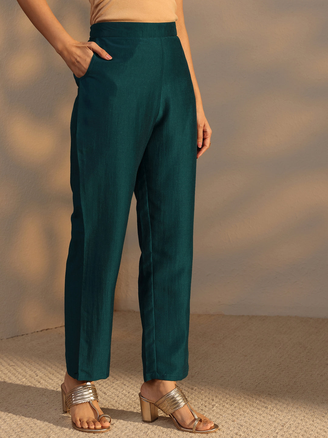  Teal Embroidered Silk Blend Straight Kurta Set 