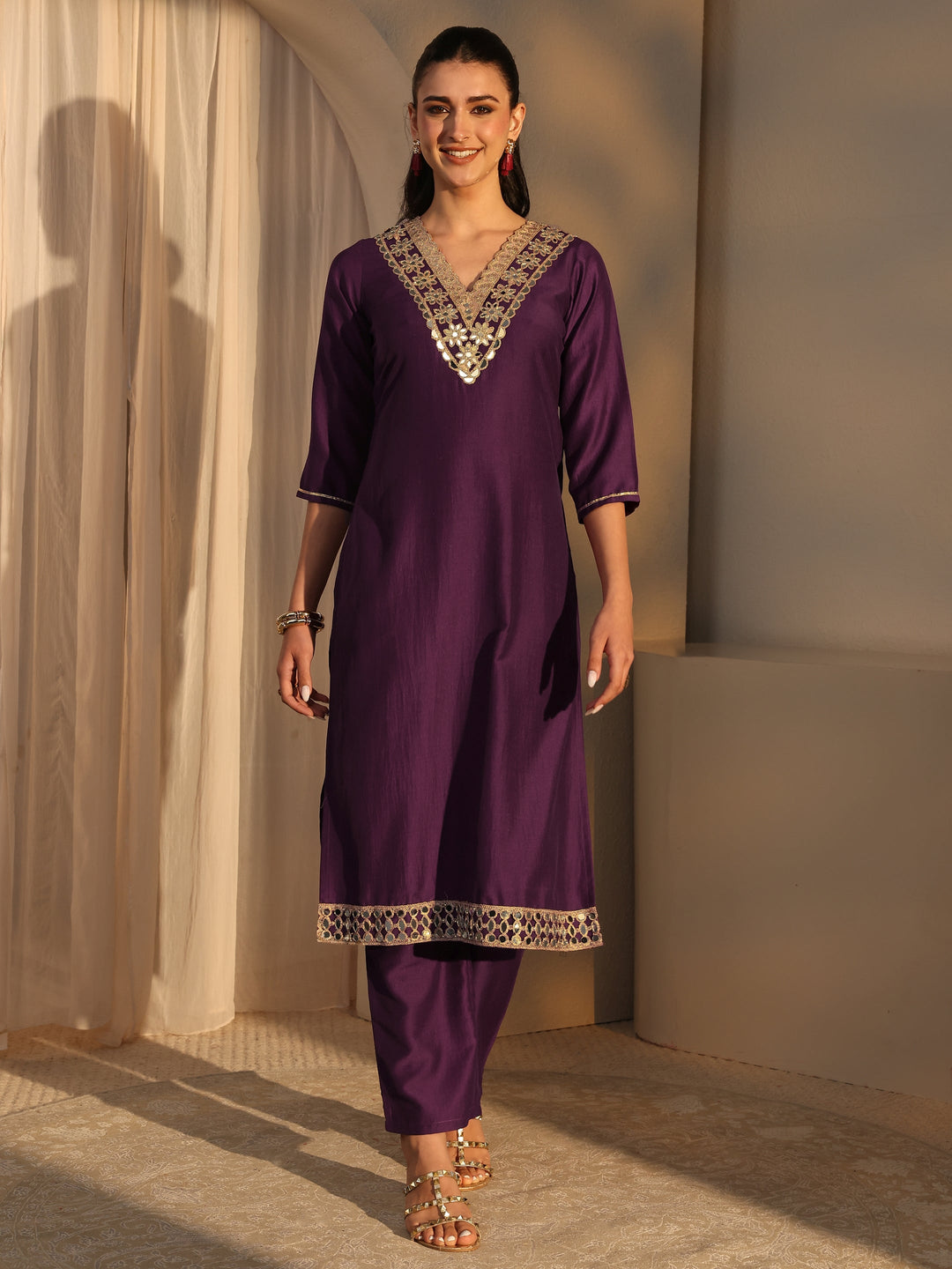  Burgundy Mirror Work Yoke Design Silk Blend Straight Kurta Set 