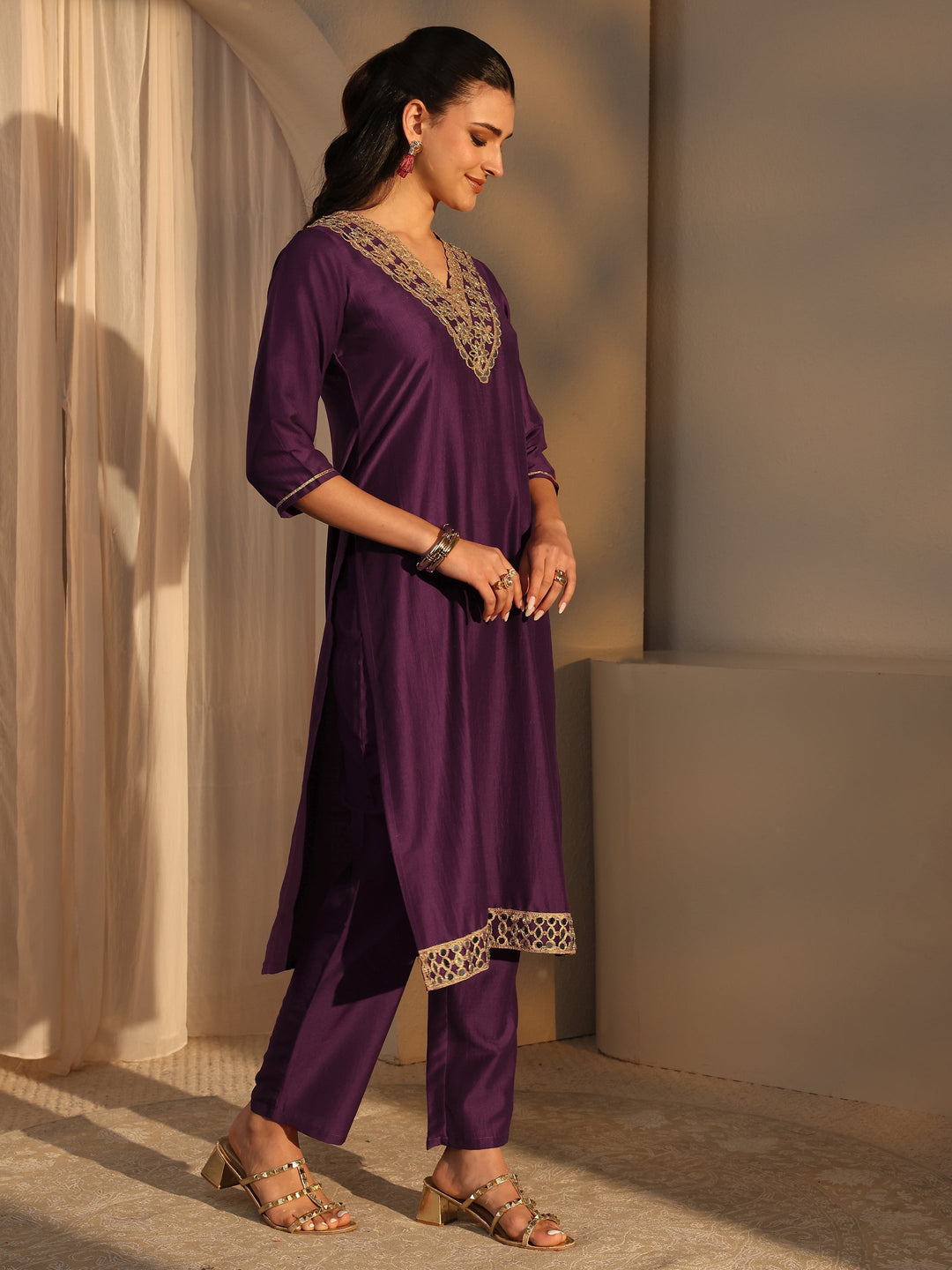  Burgundy Mirror Work Yoke Design Silk Blend Straight Kurta Set 
