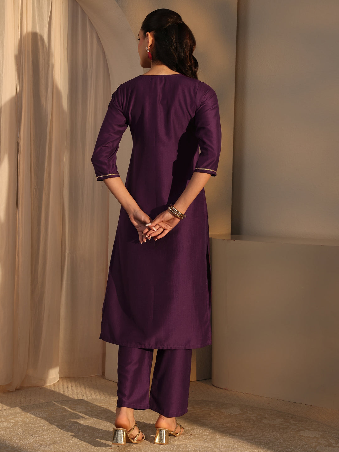  Burgundy Mirror Work Yoke Design Silk Blend Straight Kurta Set 