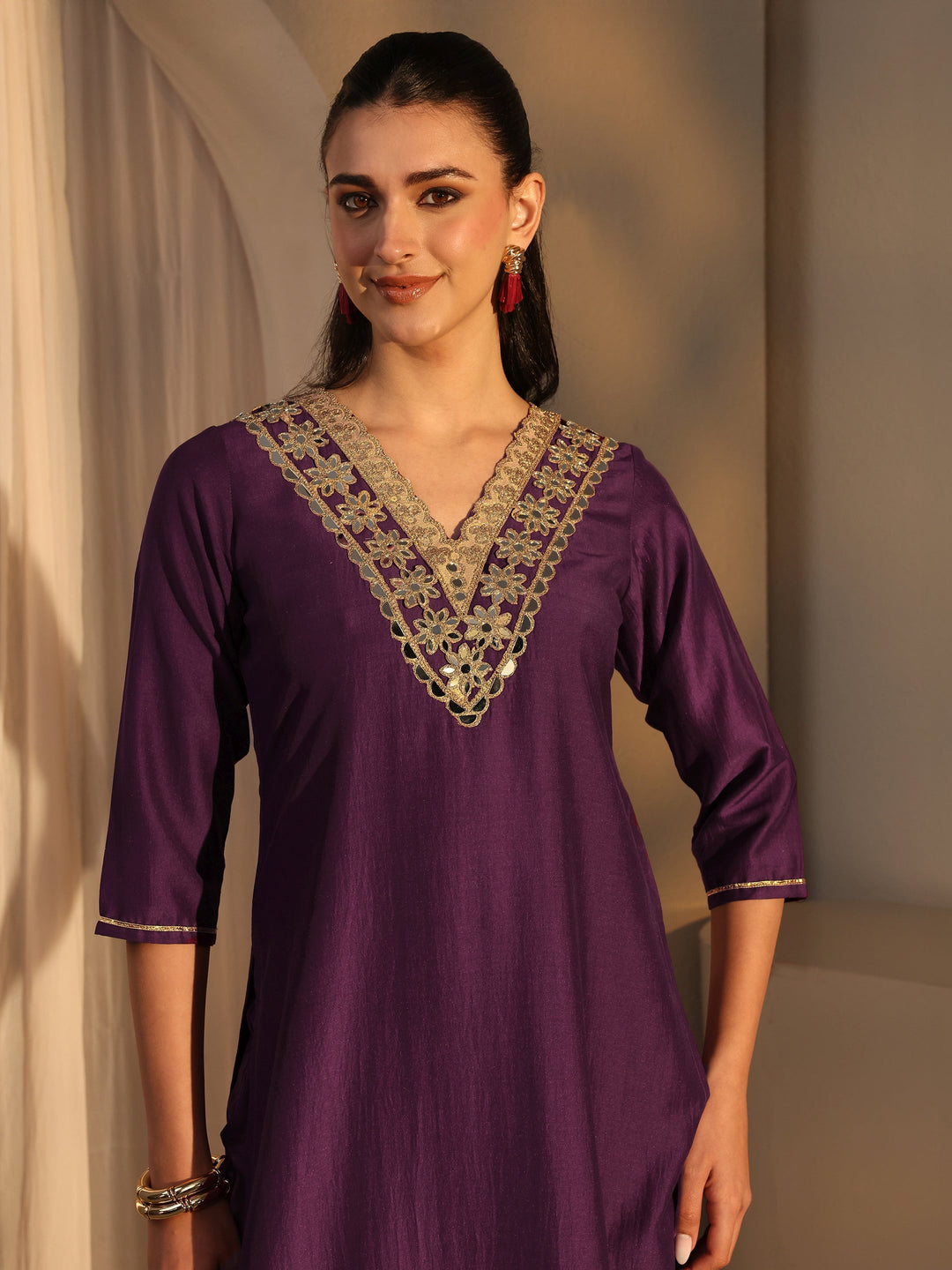  Burgundy Mirror Work Yoke Design Silk Blend Straight Kurta Set 