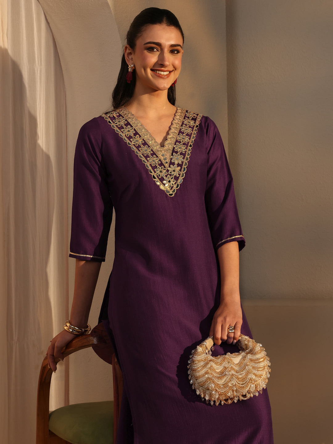  Burgundy Mirror Work Yoke Design Silk Blend Straight Kurta Set 