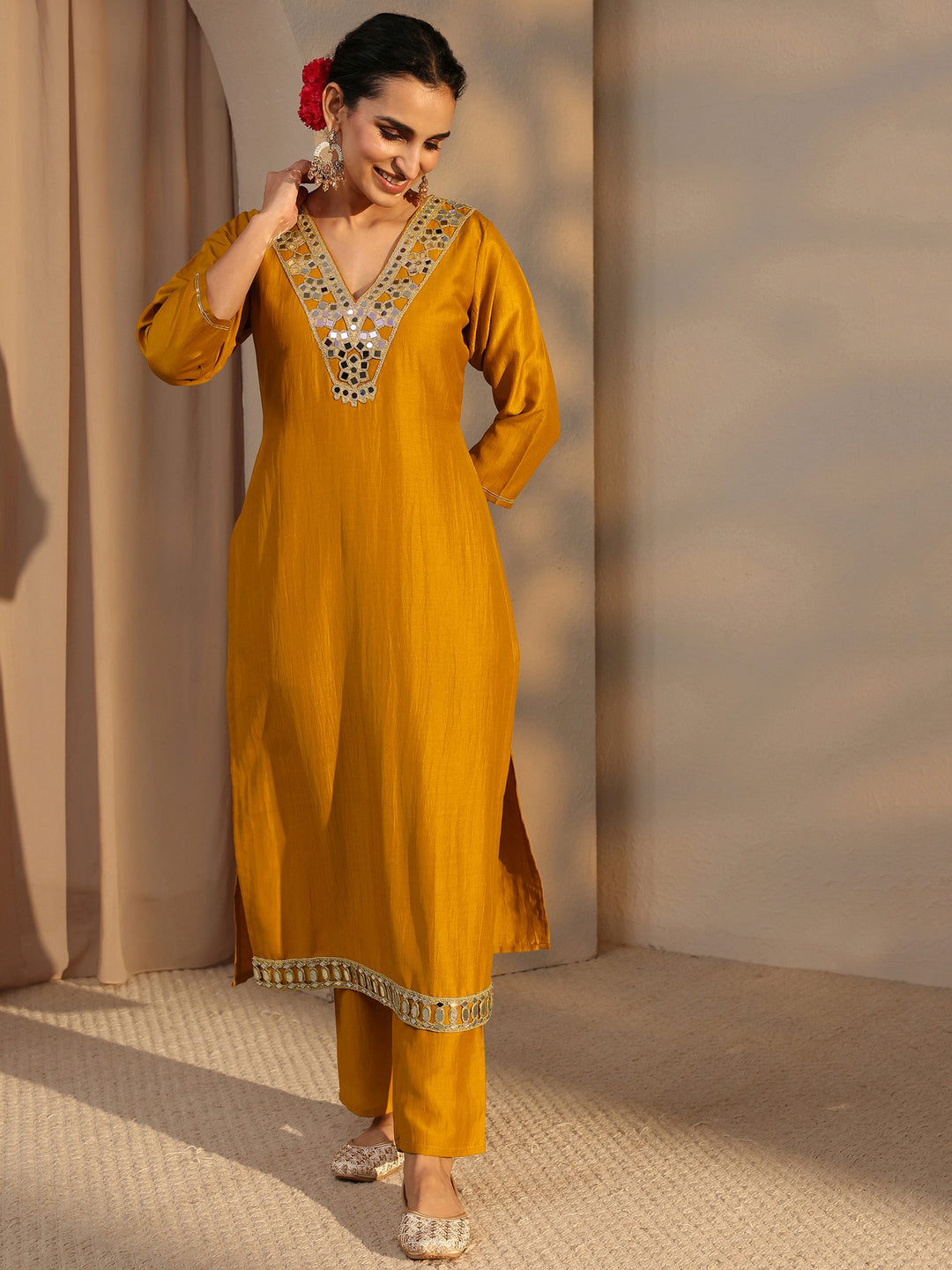  Mustard Mirror Work Yoke Design Silk Blend Straight Kurta Set 