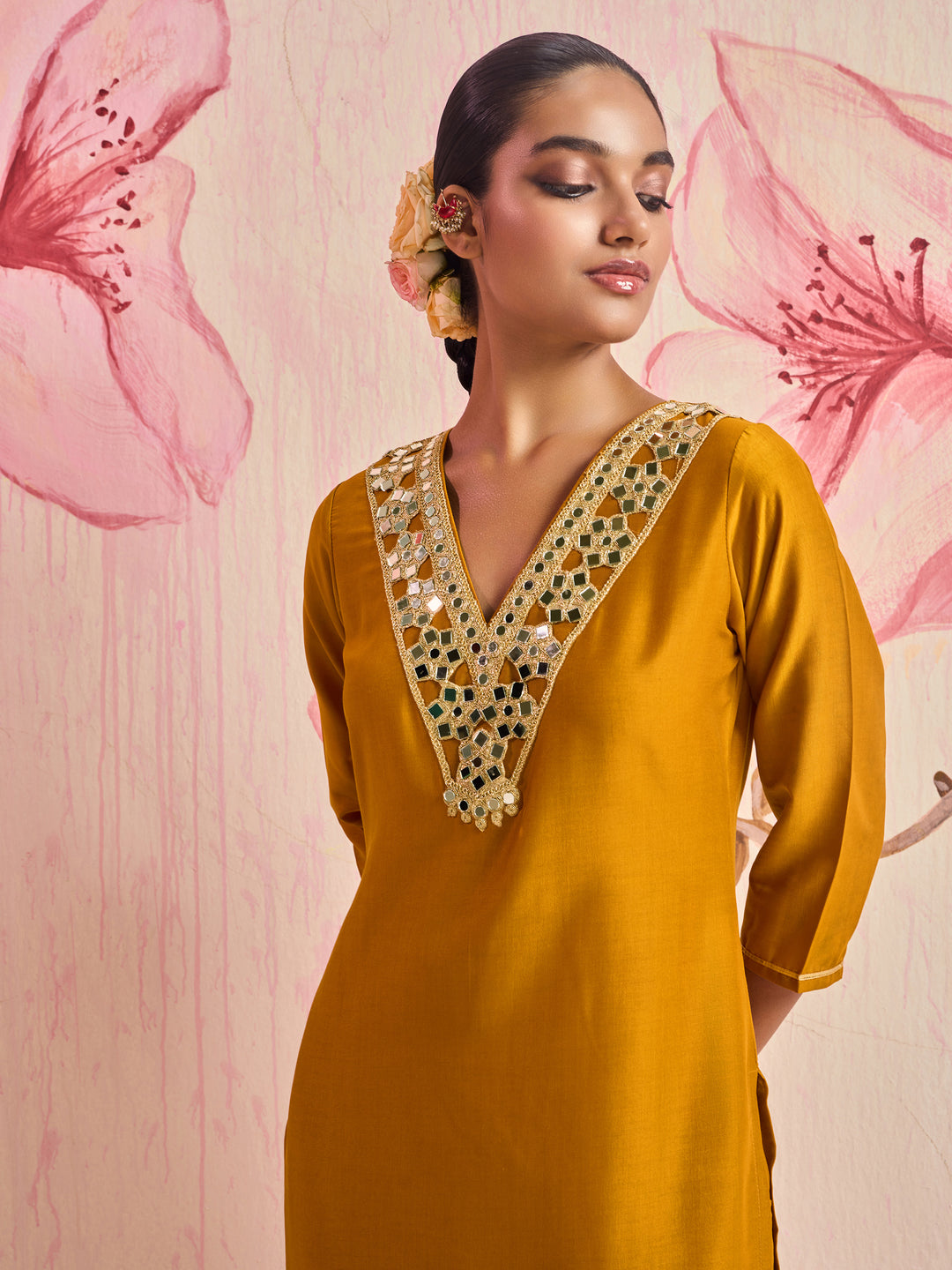  Libas Kaner Mustard Mirror Work Yoke Silk Blend Straight Kurta Set 