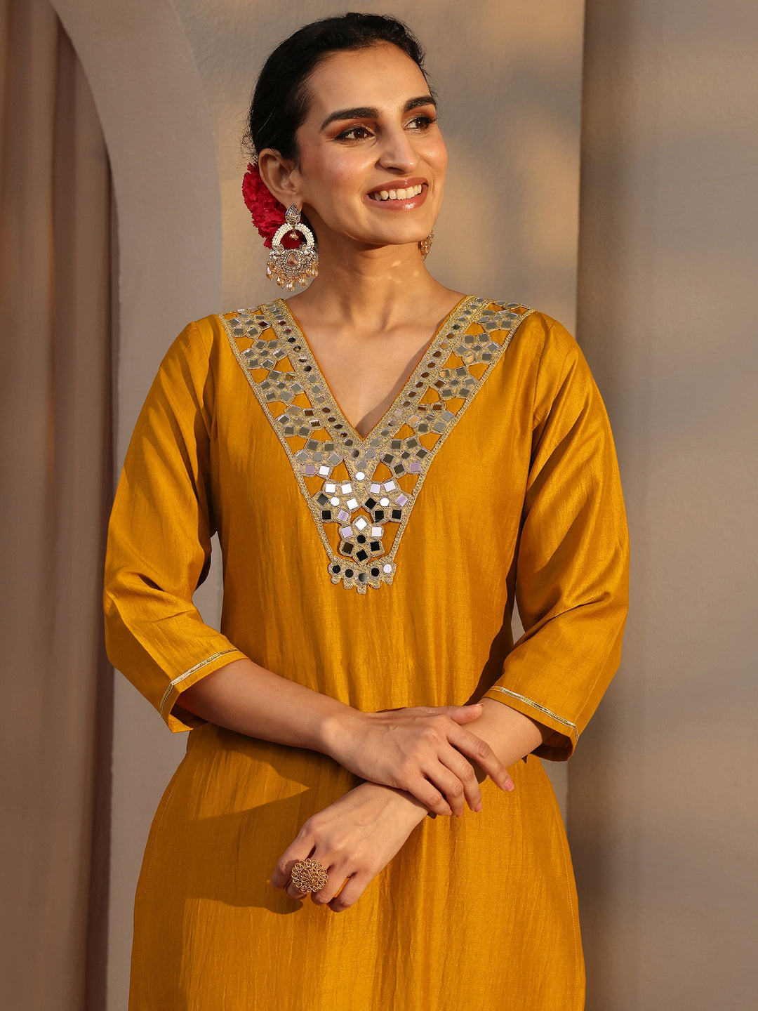  Mustard Mirror Work Yoke Design Silk Blend Straight Kurta Set 