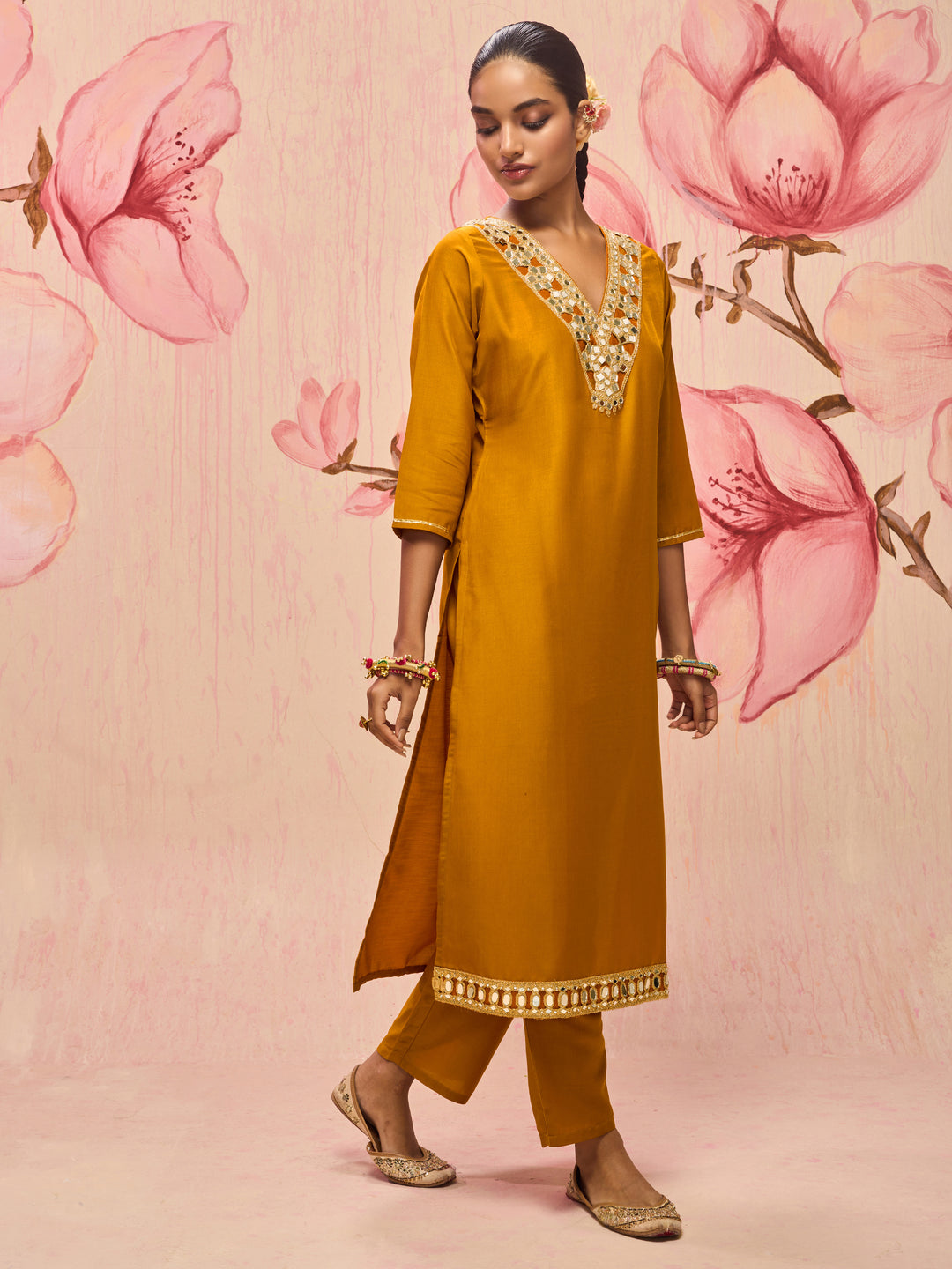 Libas Kaner Mustard Mirror Work Yoke Silk Blend Straight Kurta Set