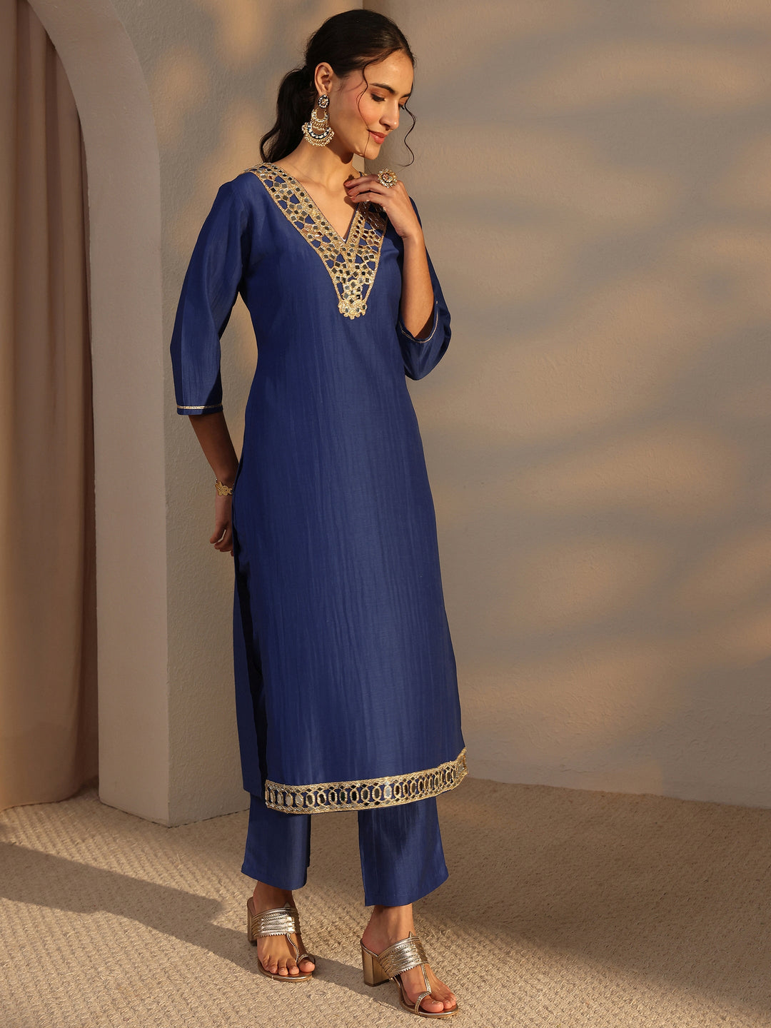  Blue Mirror Work Yoke Design Silk Blend Straight Kurta Set 