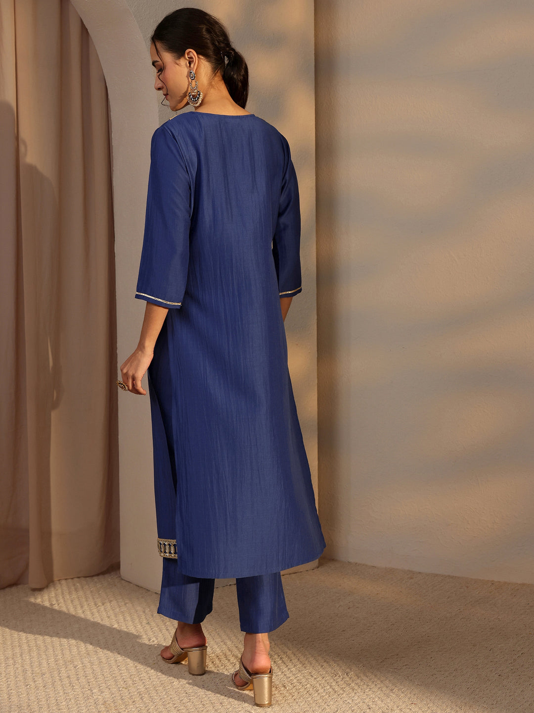  Blue Mirror Work Yoke Design Silk Blend Straight Kurta Set 
