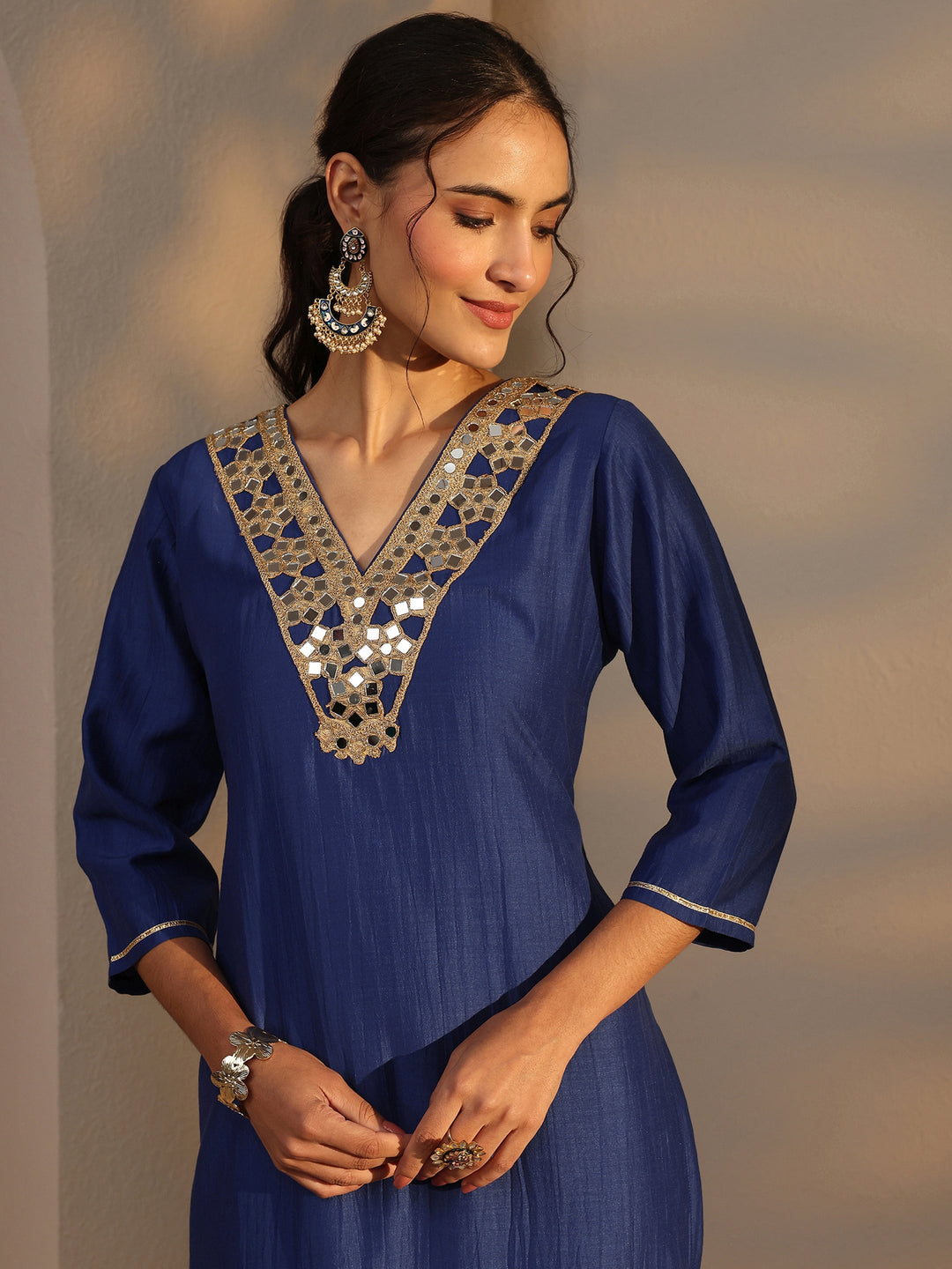  Blue Mirror Work Yoke Design Silk Blend Straight Kurta Set 