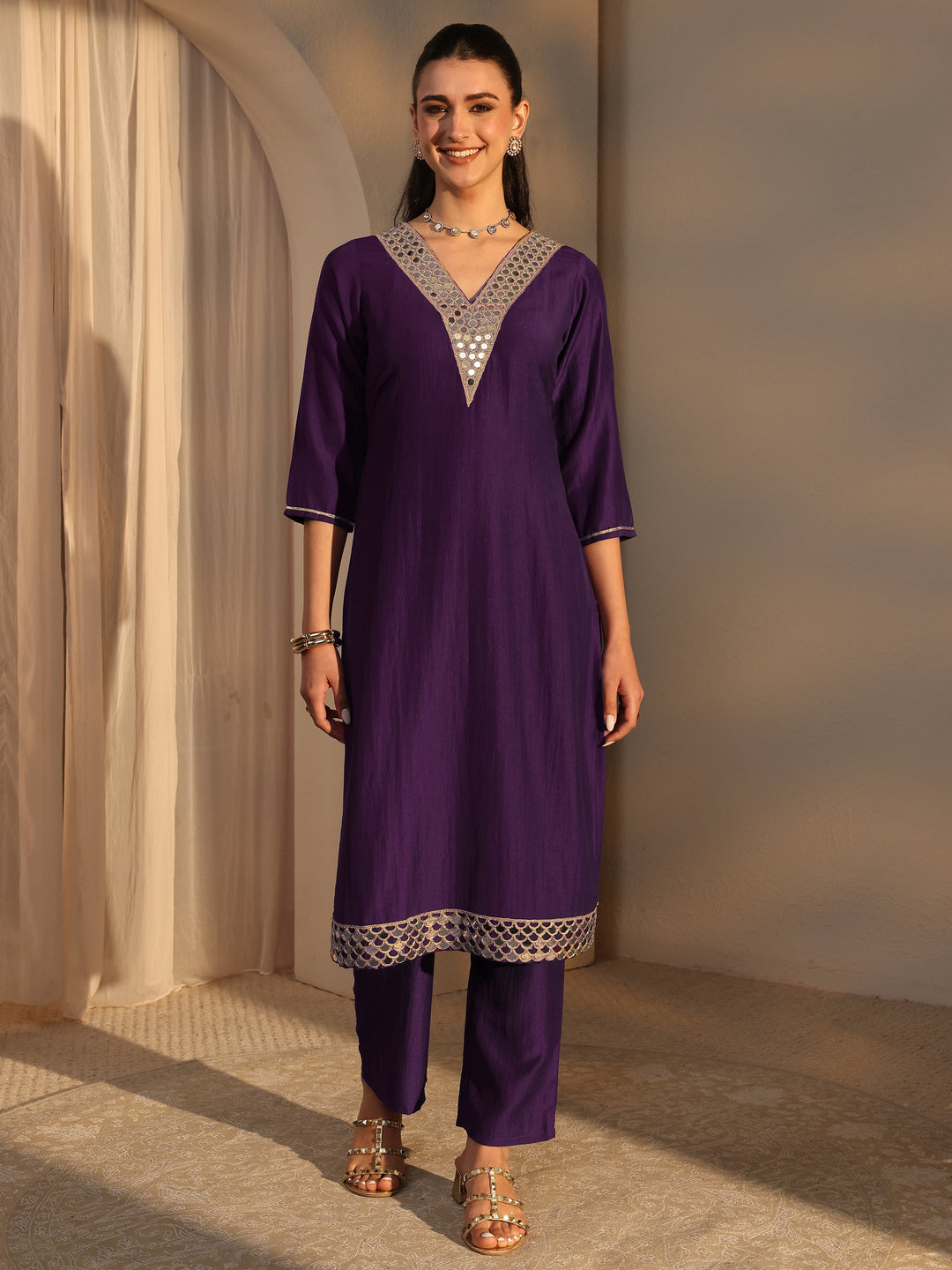  Purple Mirror Work Yoke Design Silk Blend Straight Kurta Set 