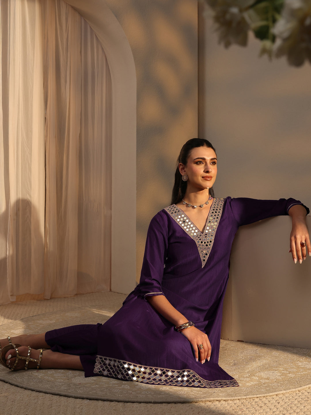  Purple Mirror Work Yoke Design Silk Blend Straight Kurta Set 