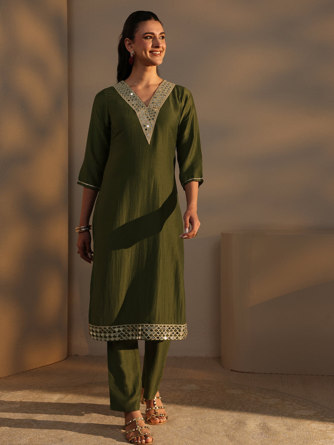  Green Mirror Work Yoke Design Silk Blend Straight Kurta Set 
