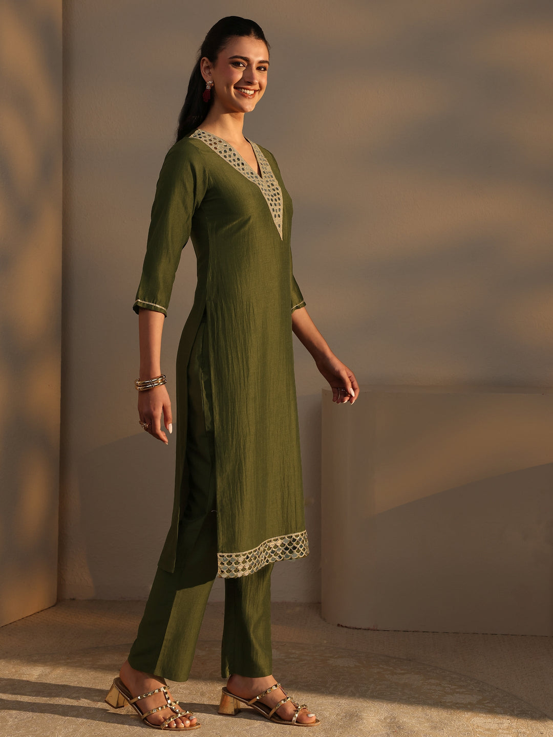 Green Mirror Work Yoke Design Silk Blend Straight Kurta Set 