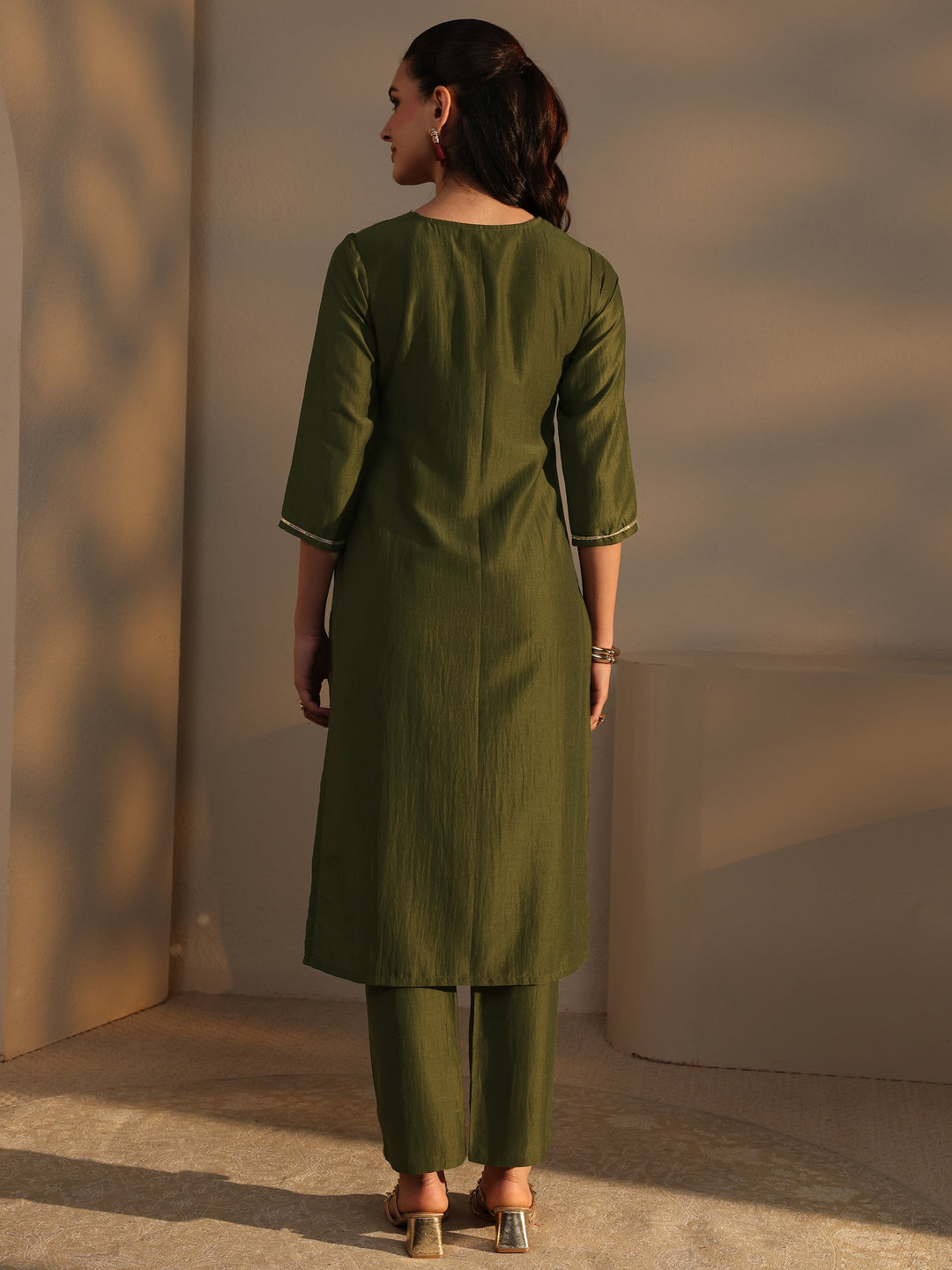  Green Mirror Work Yoke Design Silk Blend Straight Kurta Set 