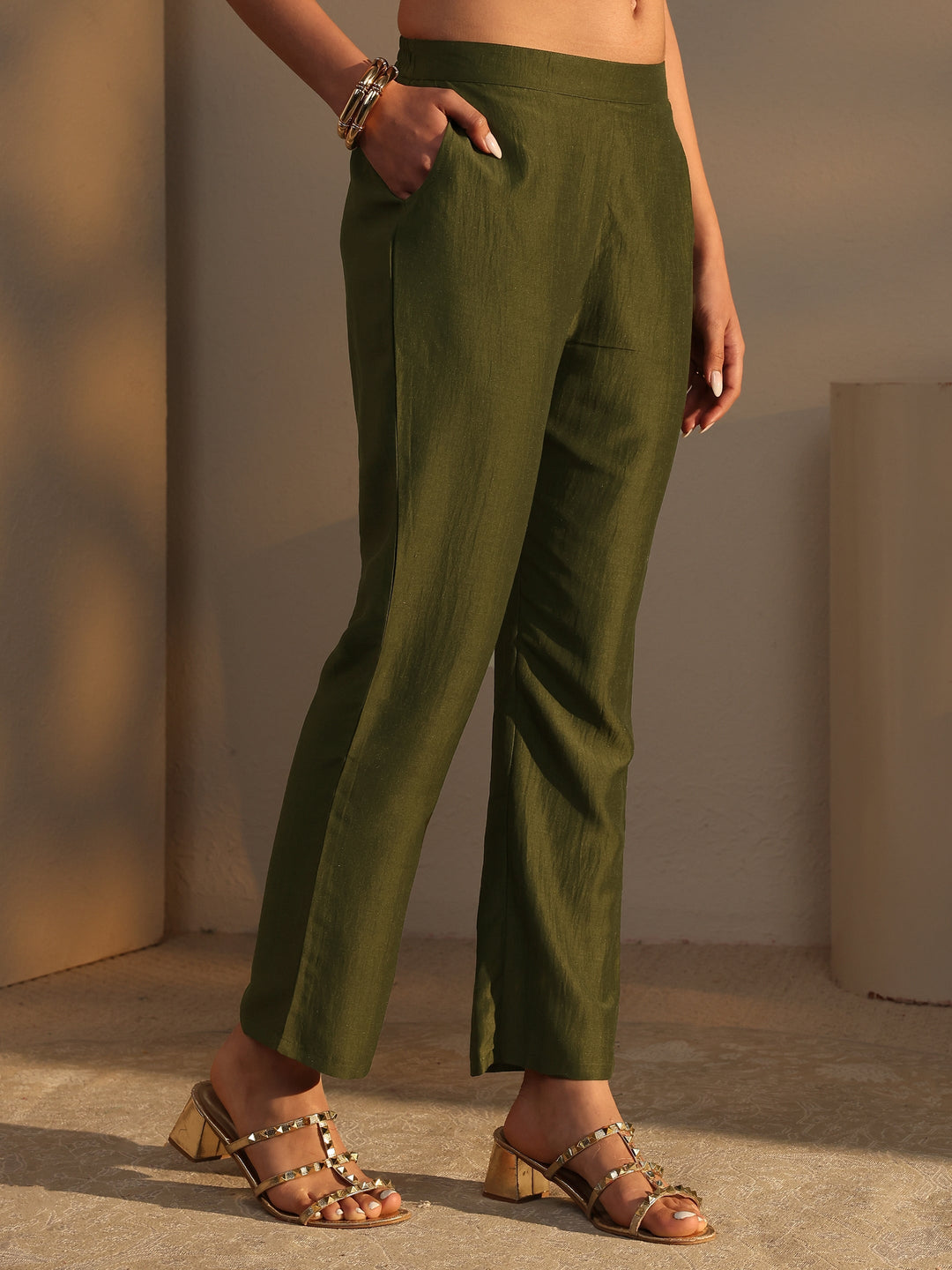  Green Mirror Work Yoke Design Silk Blend Straight Kurta Set 