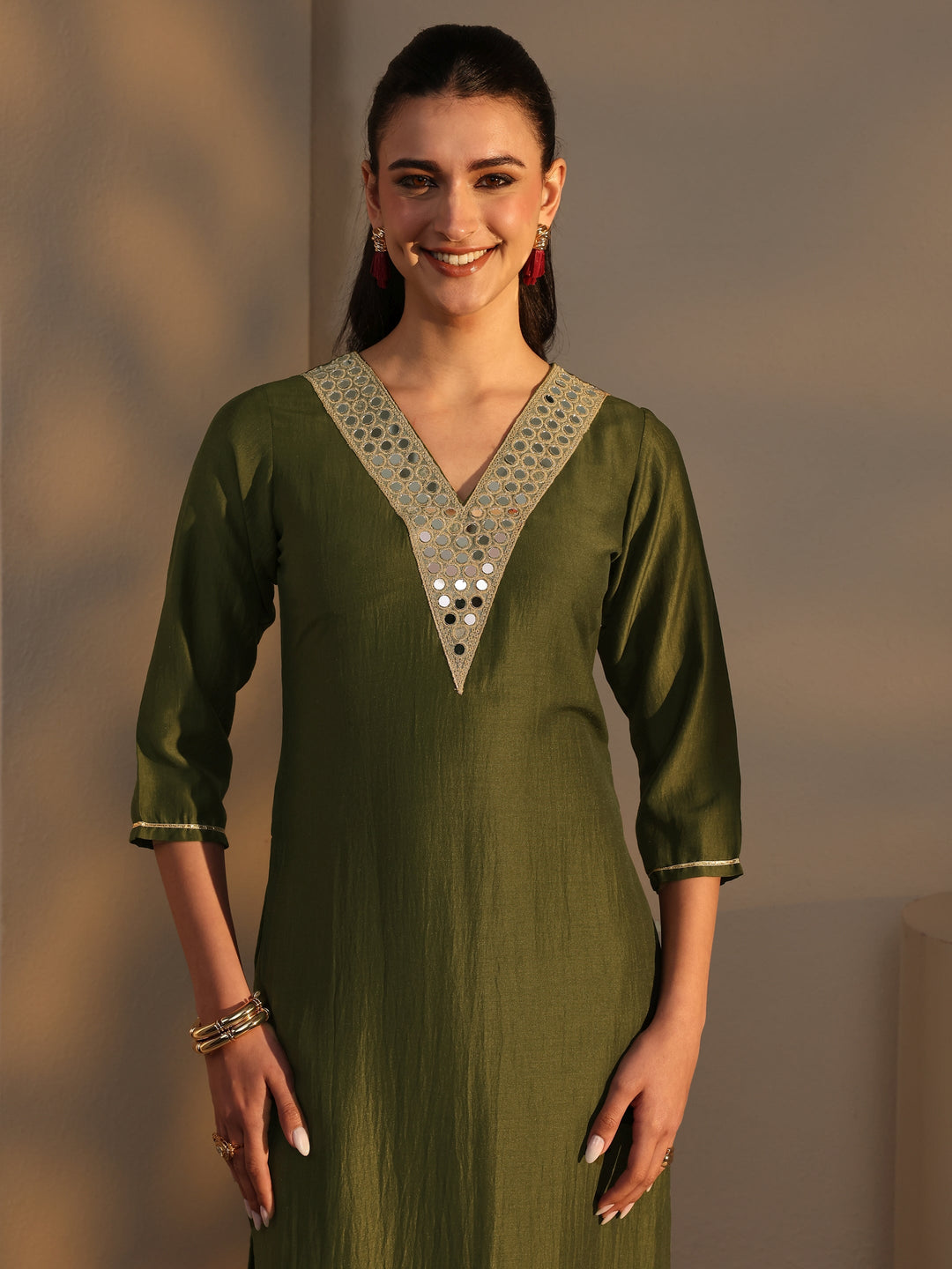  Green Mirror Work Yoke Design Silk Blend Straight Kurta Set 