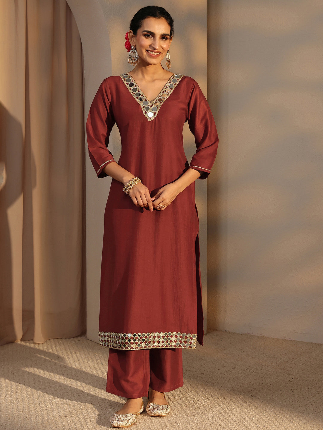  Rust Embellished Silk Blend Straight Kurta Set 