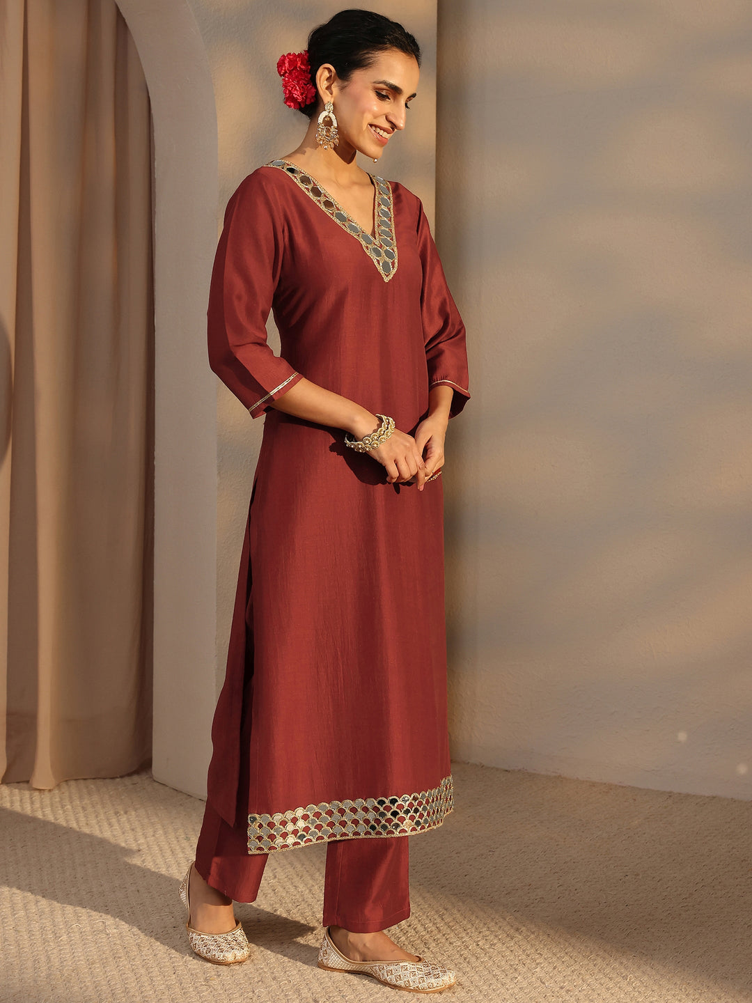  Rust Embellished Silk Blend Straight Kurta Set 
